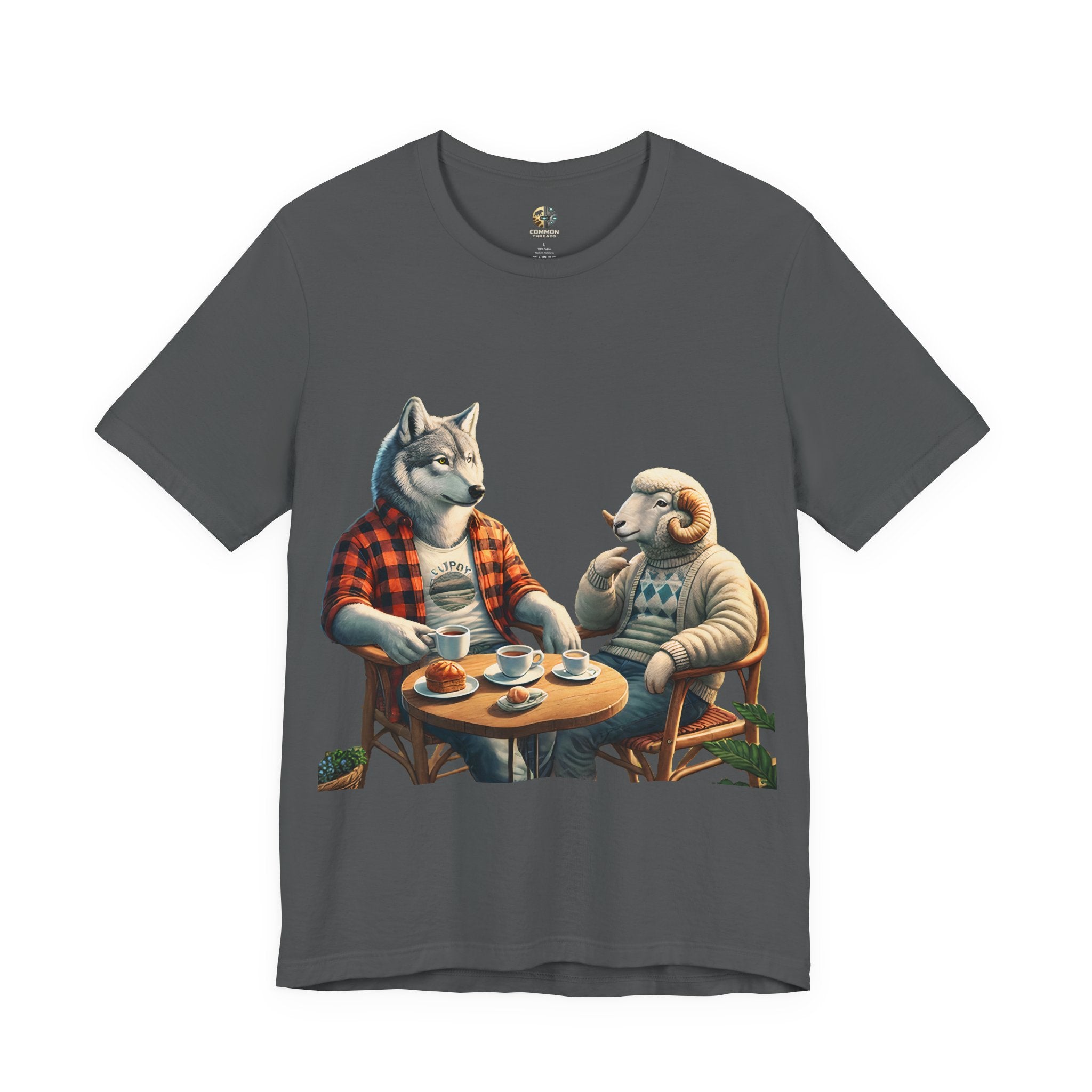 Asphalt grey T-shirt featuring an anthropomorphic wolf in a flannel shirt and a ram in a patterned sweater sitting at a café table with coffee