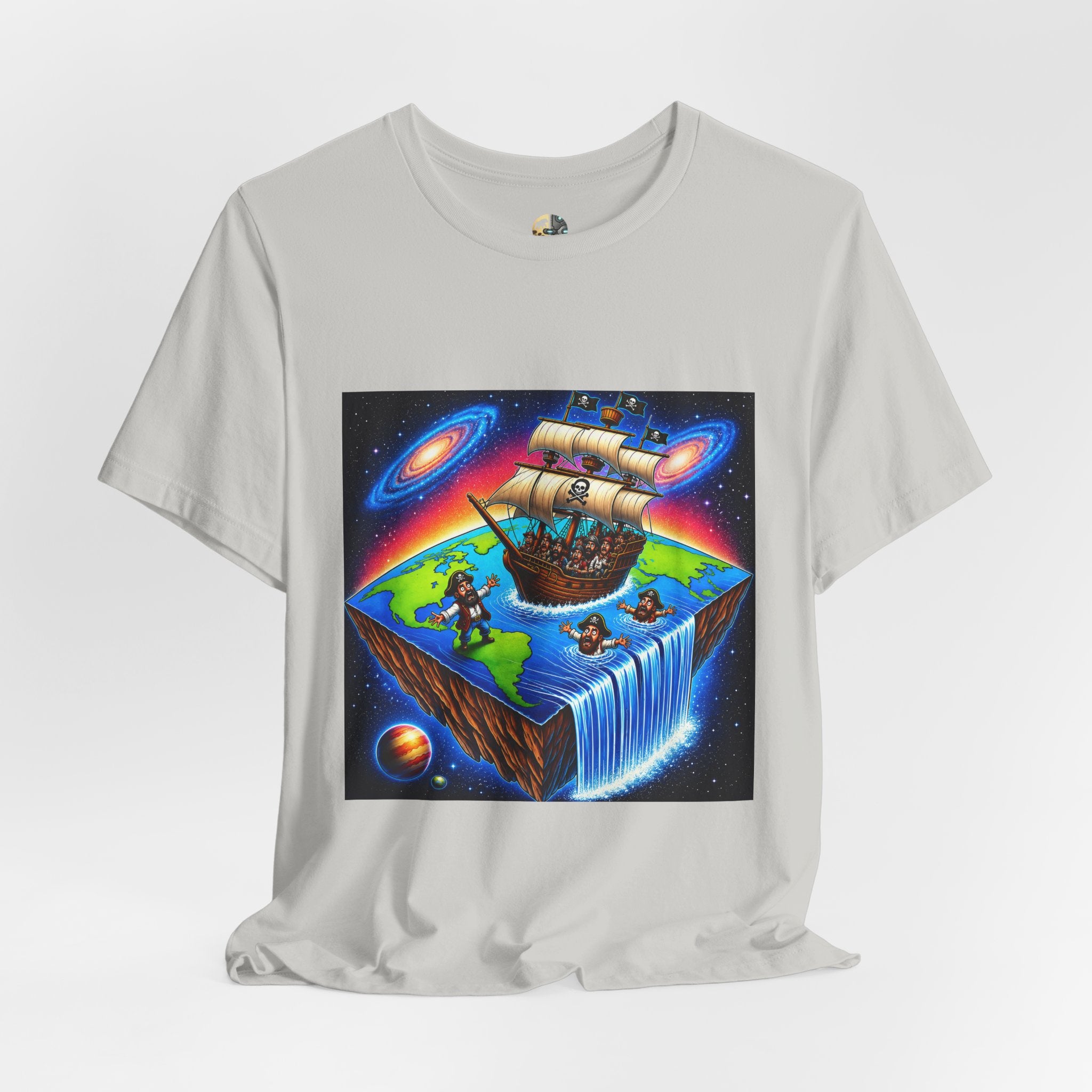 Silver T-shirt featuring a graphic of pirates on a ship sailing toward the edge of a flat Earth with a large waterfall into space