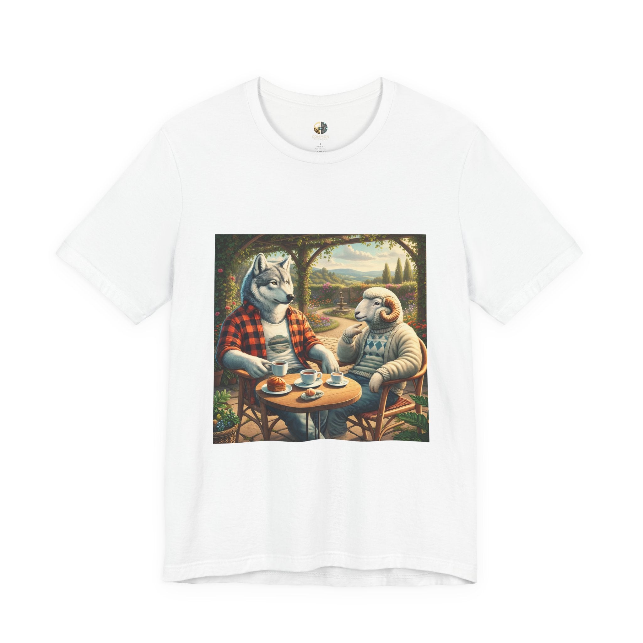 White T-shirt featuring a graphic of a wolf in a flannel shirt and a ram in a patterned sweater sitting at a café table drinking coffee on a porch