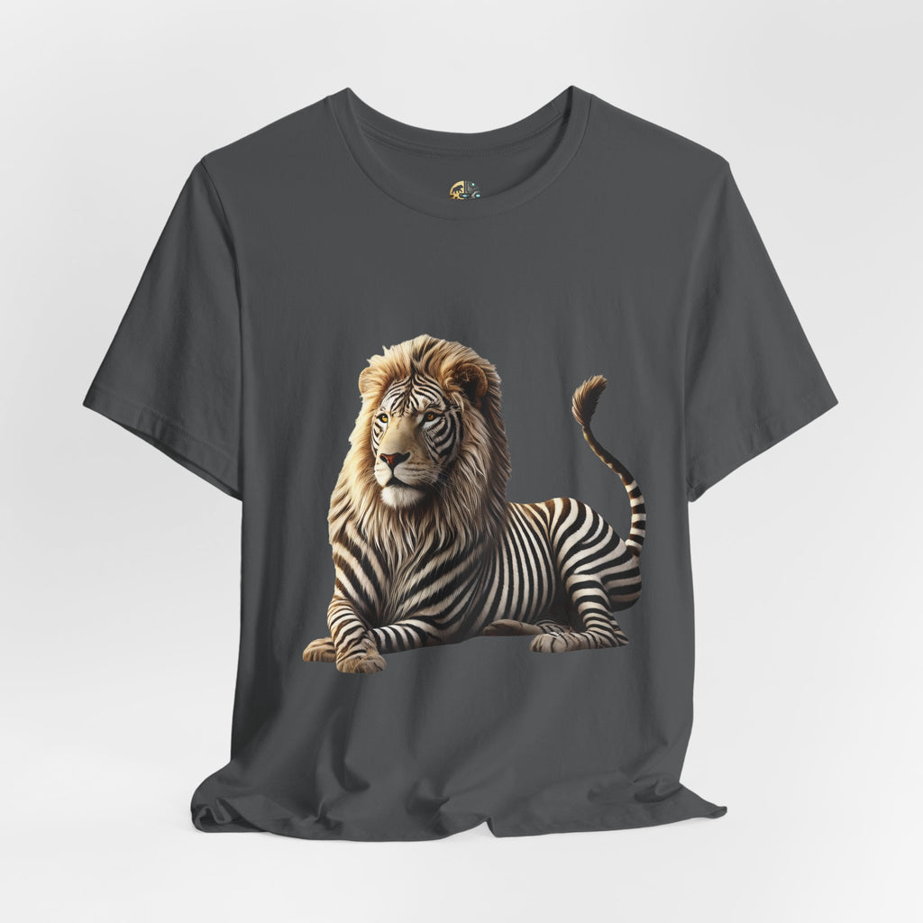 Asphalt grey T-shirt with graphic of a lion with zebra stripes