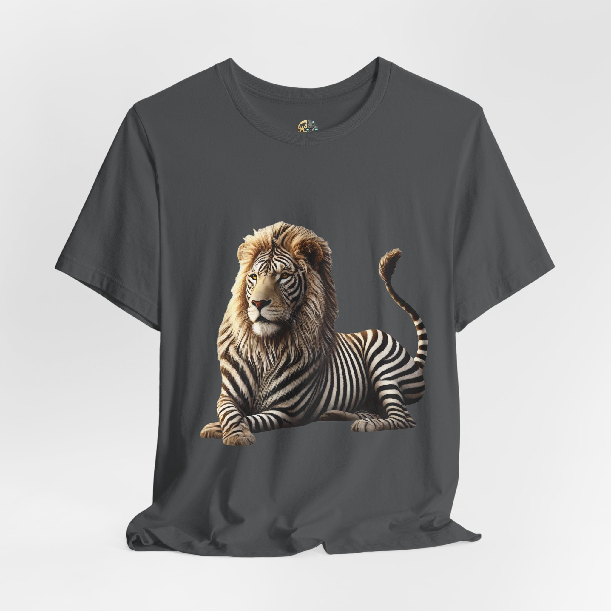 Asphalt grey T-shirt with graphic of a lion with zebra stripes
