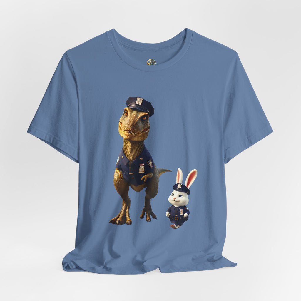 Lavender blue T-shirt showing a T-Rex and a bunny dressed as police officers standing together