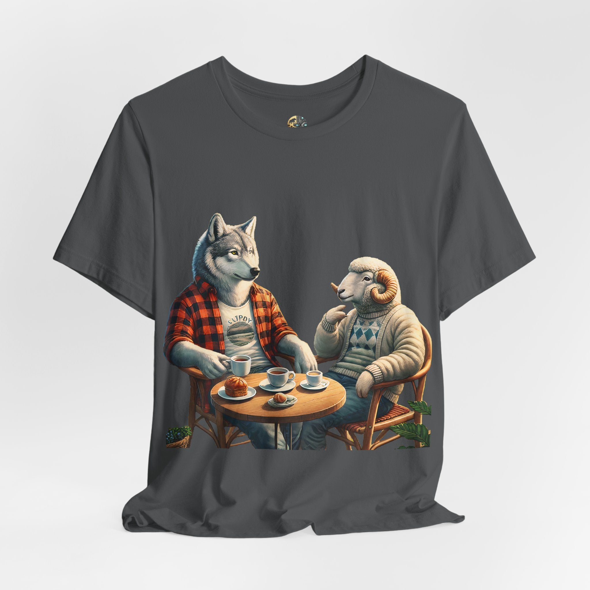 Asphalt grey T-shirt featuring an anthropomorphic wolf in a flannel shirt and a ram in a patterned sweater sitting at a café table with coffee