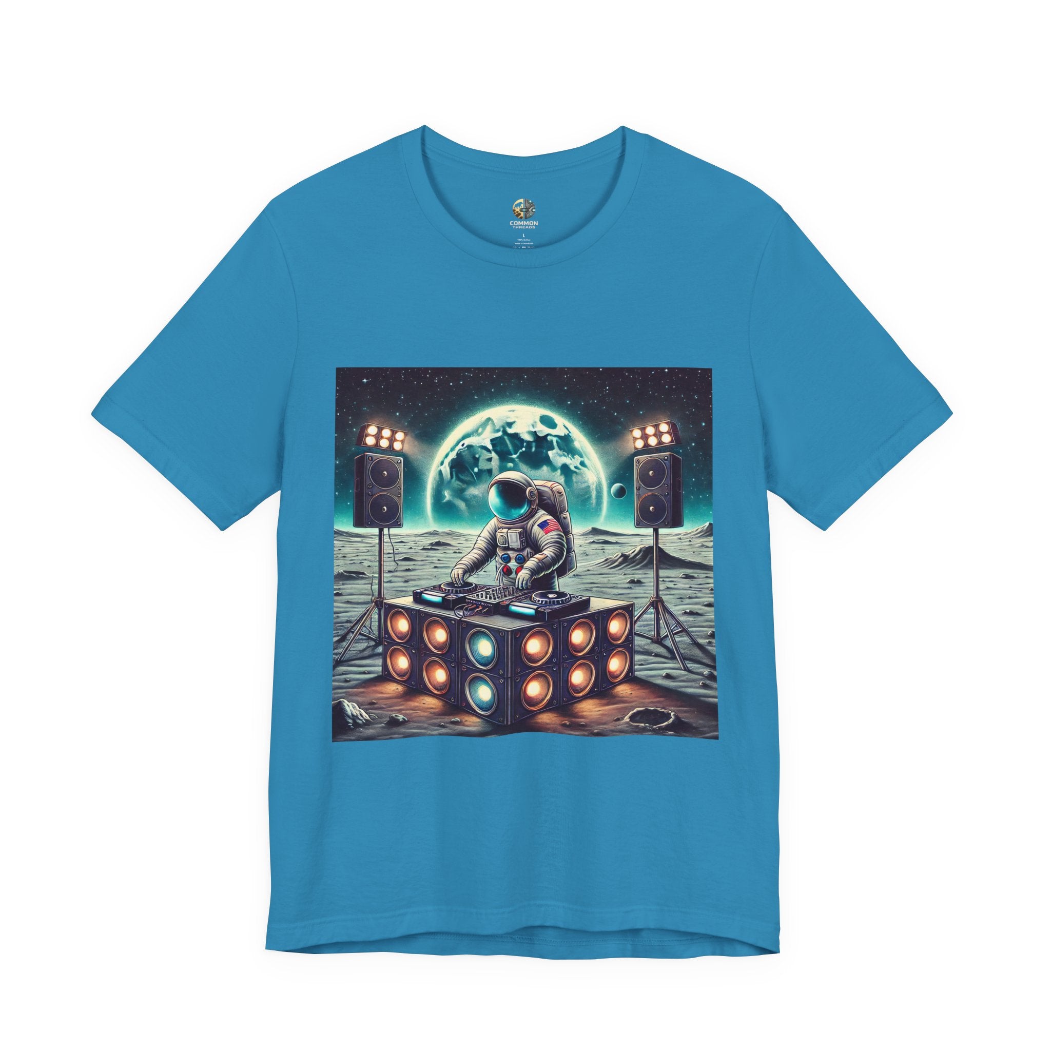 Aqua blue T-shirt with graphic of an astronaut on the moon DJing with large speakers, with Earth visible in the starry sky