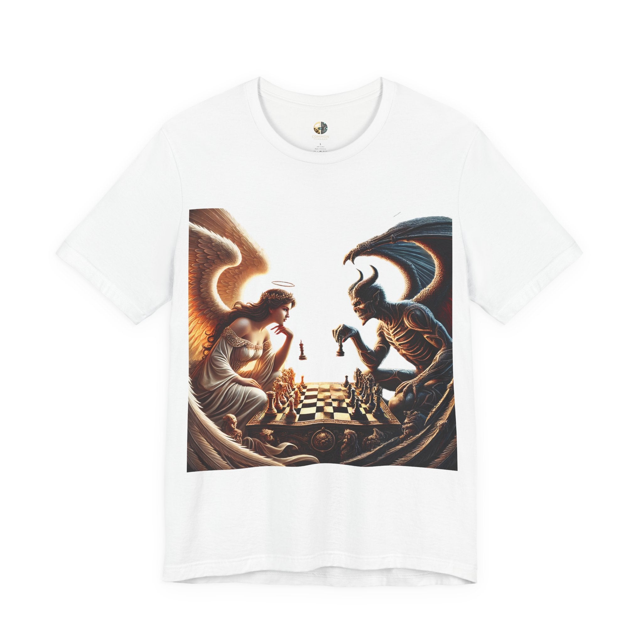 White T-shirt featuring a graphic of an angel and a demon playing chess, with a golden king piece levitating