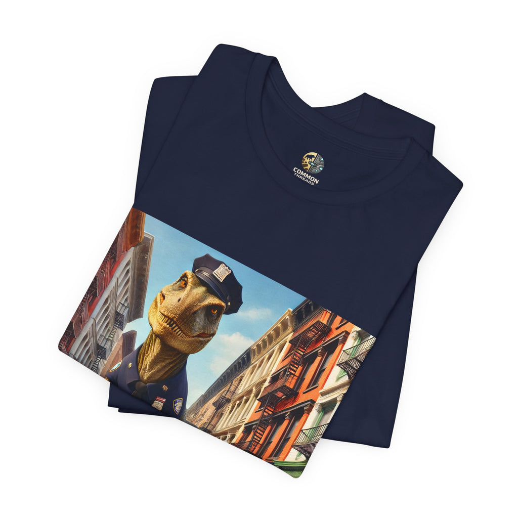 Folded navy blue T-shirt showing a T-Rex and a bunny dressed as police officers standing together on a crosswalk in a New York–style urban setting