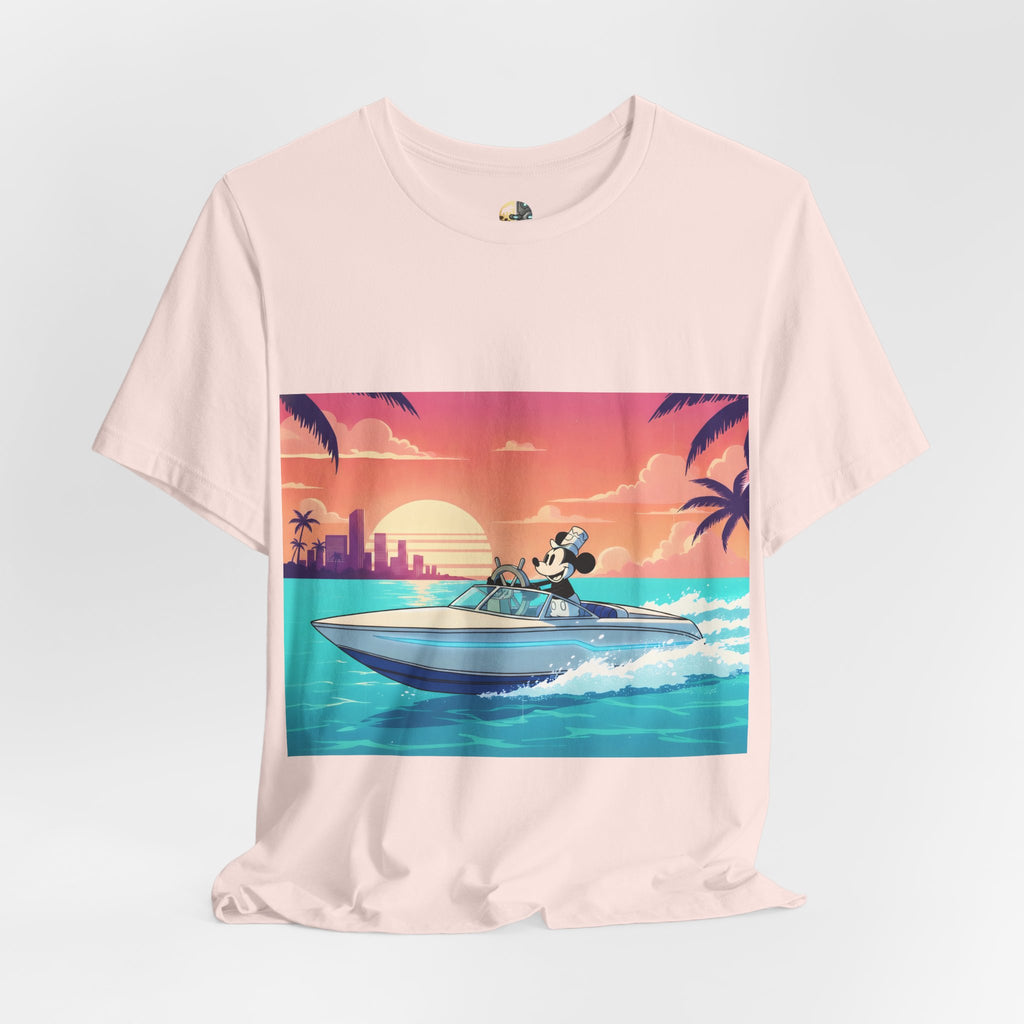 Soft pink t-shirt with A 1920s-style riverboat mouse captain piloting a modern speedboat against a neon 1980s Miami-style sunset and skyline