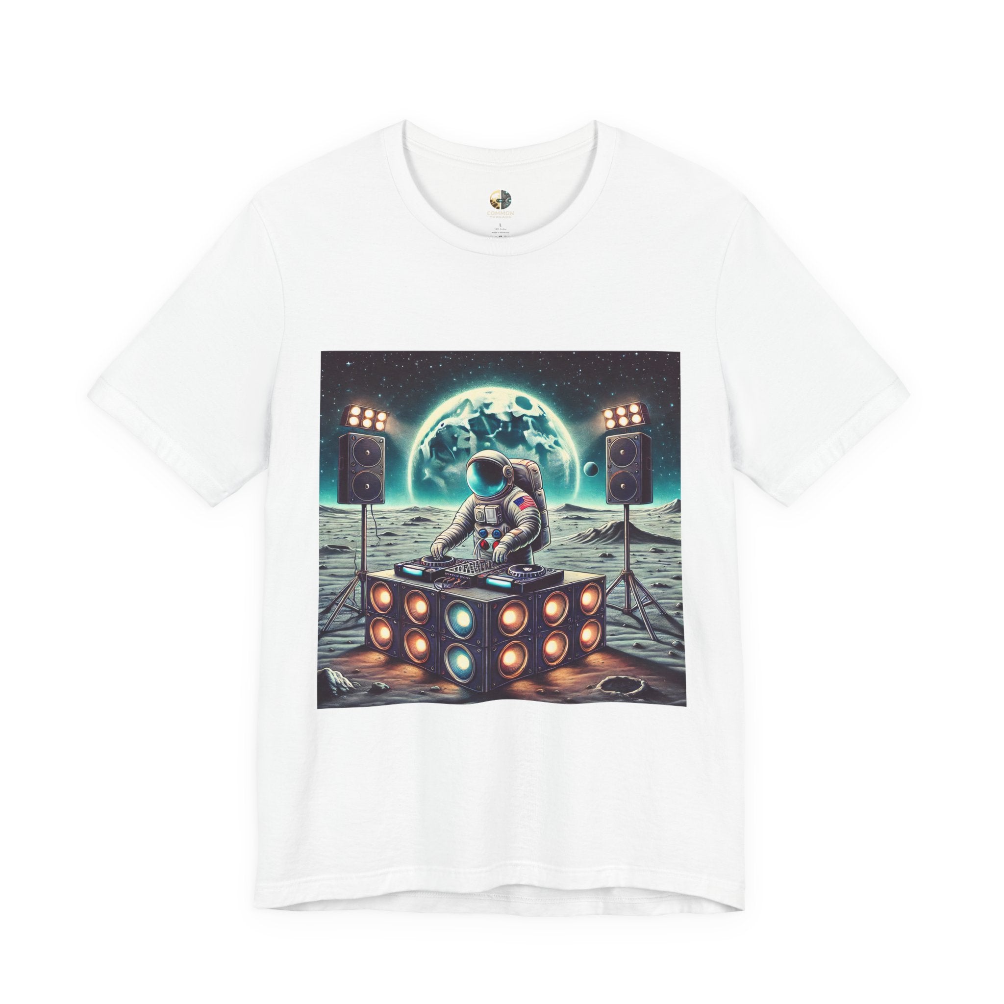 White T-shirt with graphic of an astronaut on the moon DJing with large speakers, with Earth visible in the starry sky
