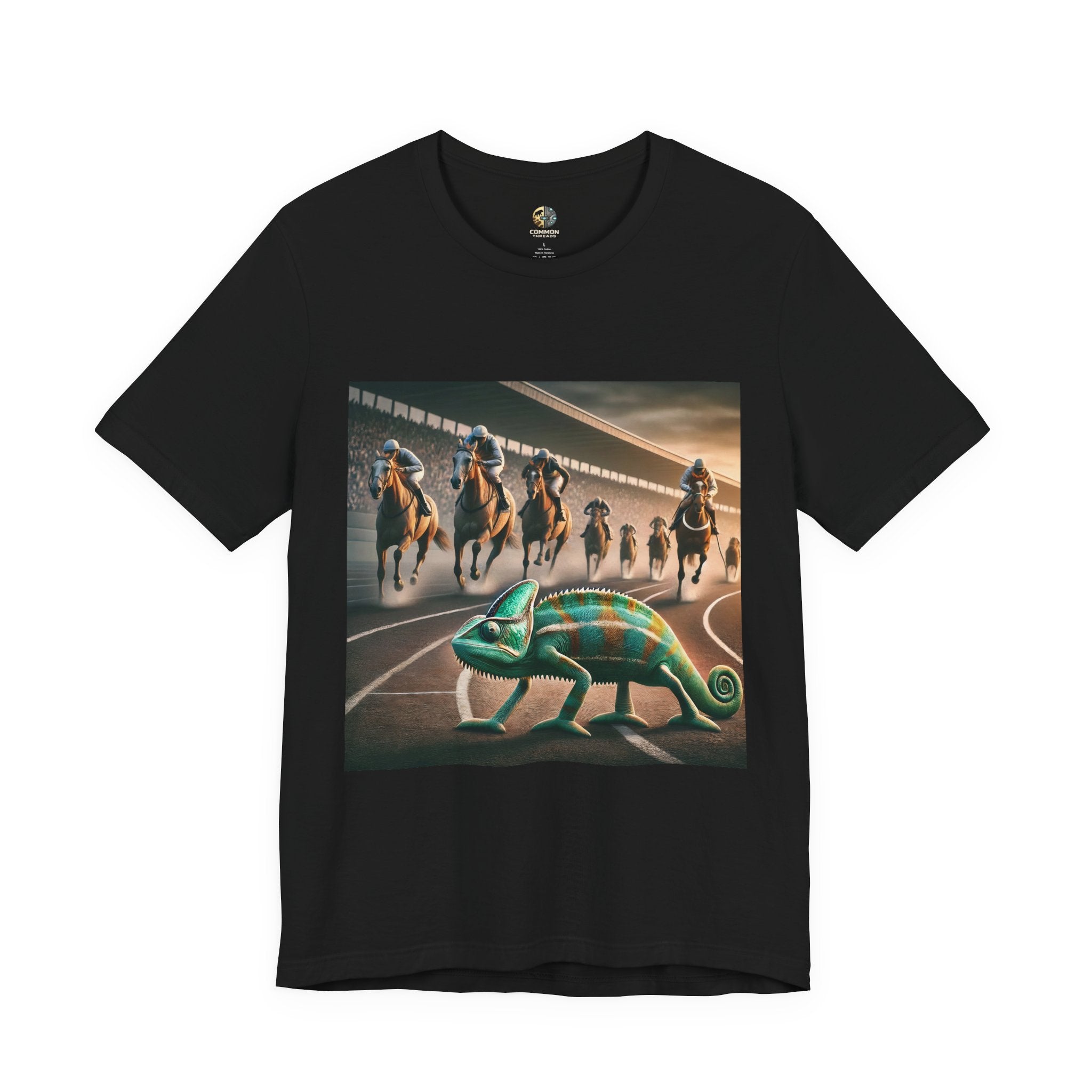 Black T-shirt featuring a chameleon on a racetrack with a pack of racehorses approaching from behind