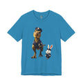 Aqua blue T-shirt showing a T-Rex and a bunny dressed as police officers standing together