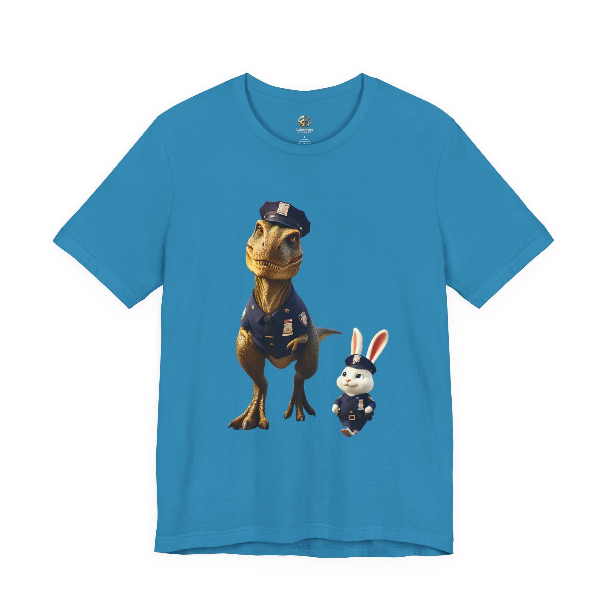 Aqua blue T-shirt showing a T-Rex and a bunny dressed as police officers standing together