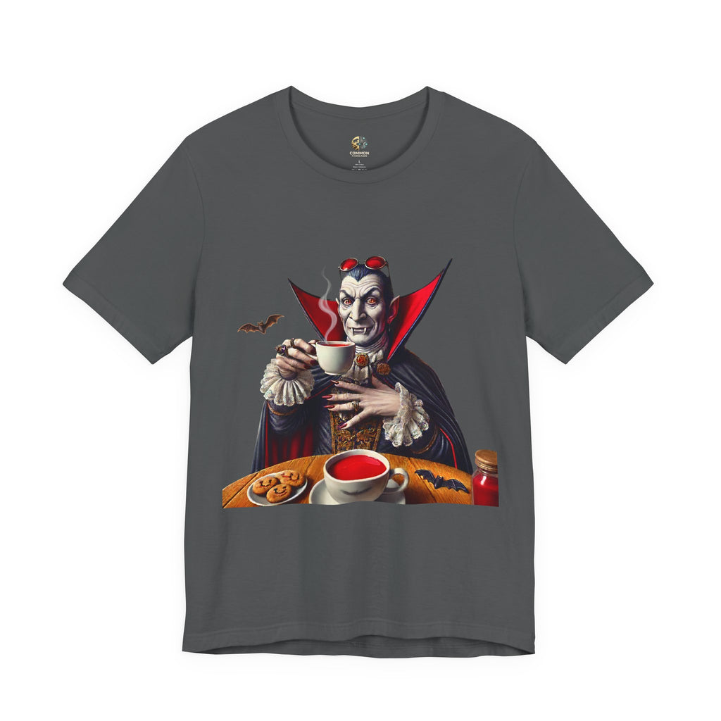 Asphalt grey T-shirt featuring a classic vampire dressed like Count Dracula sitting at a table, wearing red sunglasses and drinking from a teacup filled with red liquid