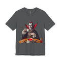 Asphalt grey T-shirt featuring a classic vampire dressed like Count Dracula sitting at a table, wearing red sunglasses and drinking from a teacup filled with red liquid