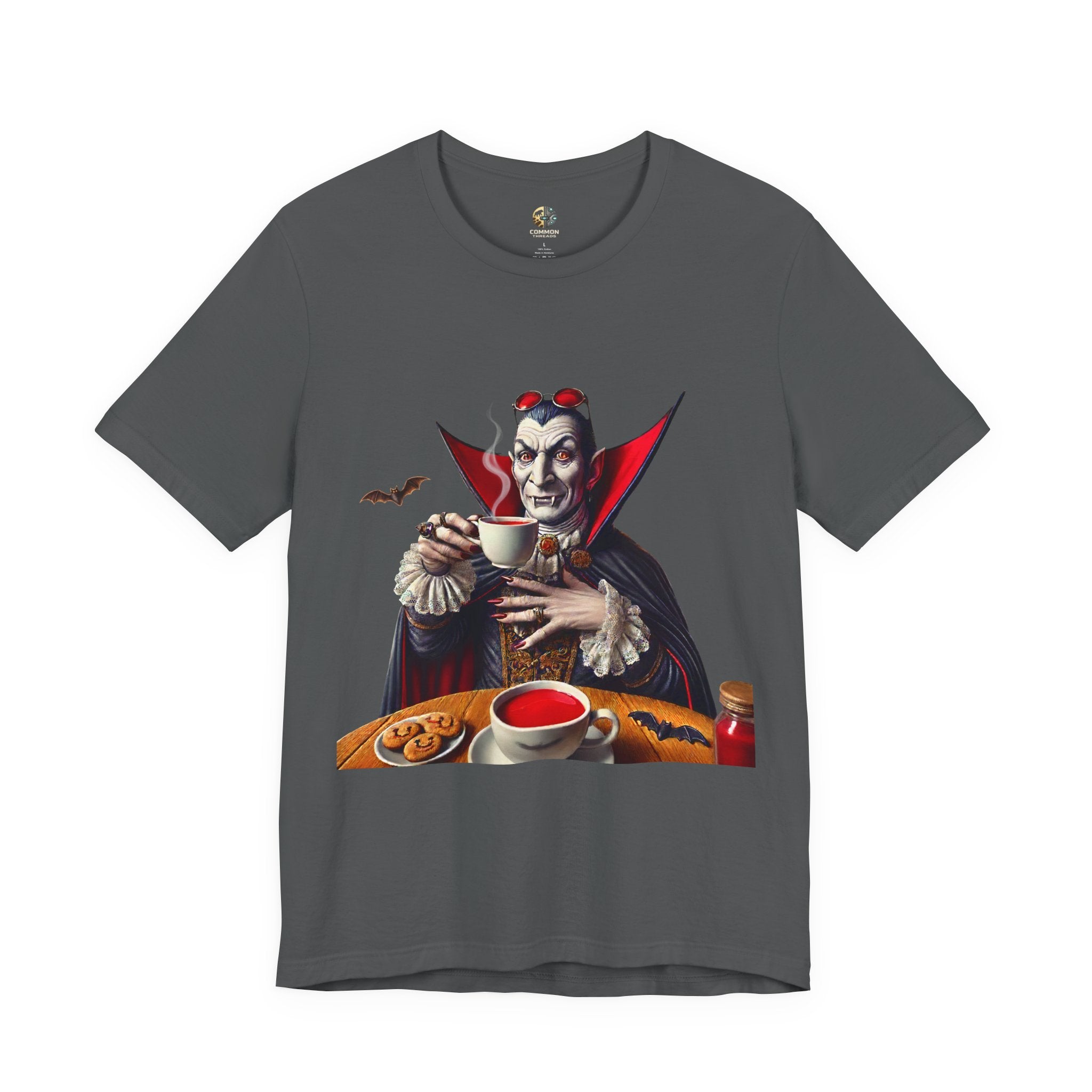 Asphalt grey T-shirt featuring a classic vampire dressed like Count Dracula sitting at a table, wearing red sunglasses and drinking from a teacup filled with red liquid