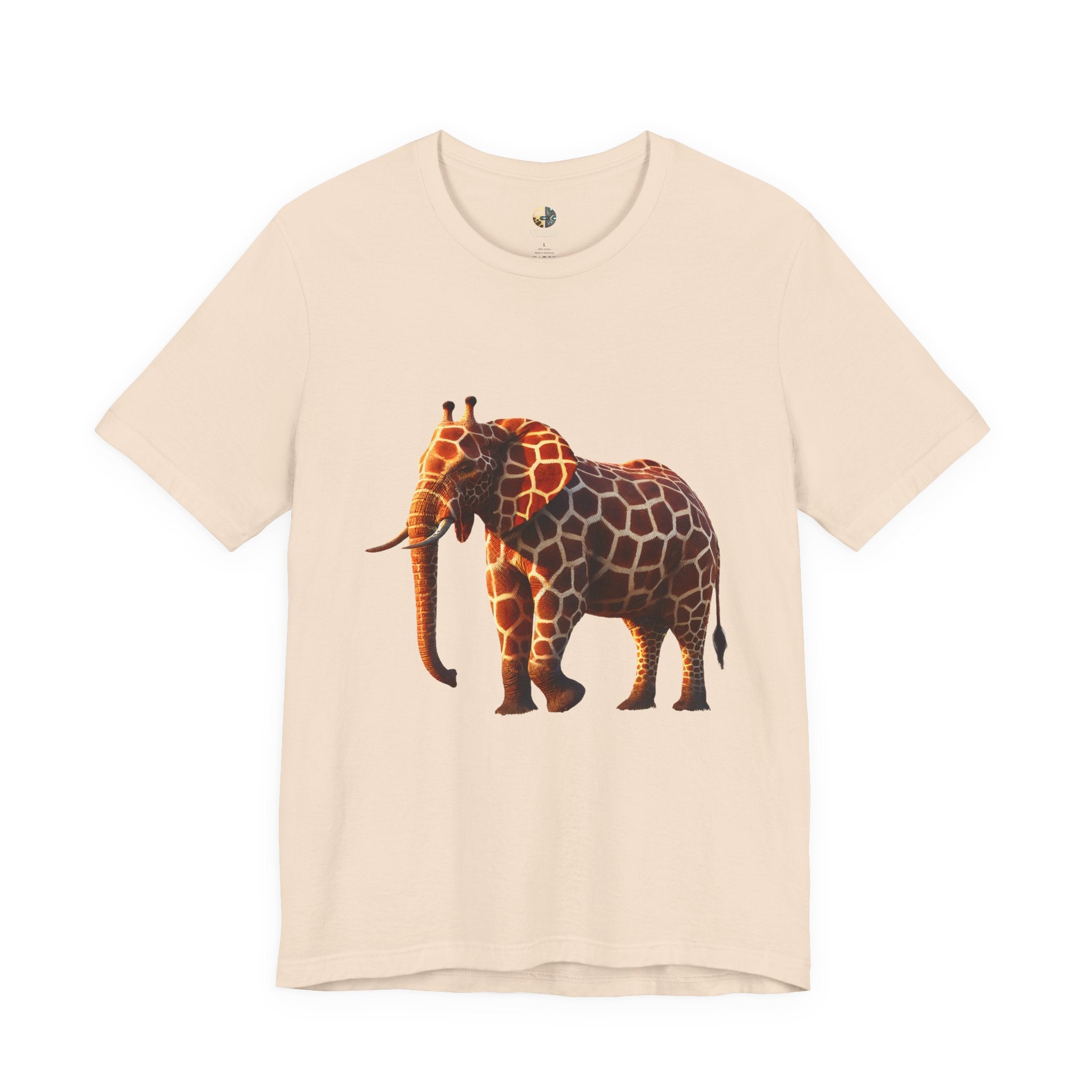 Soft creme T-shirt featuring an elephant–giraffe hybrid with giraffe patterns and small ossicones.