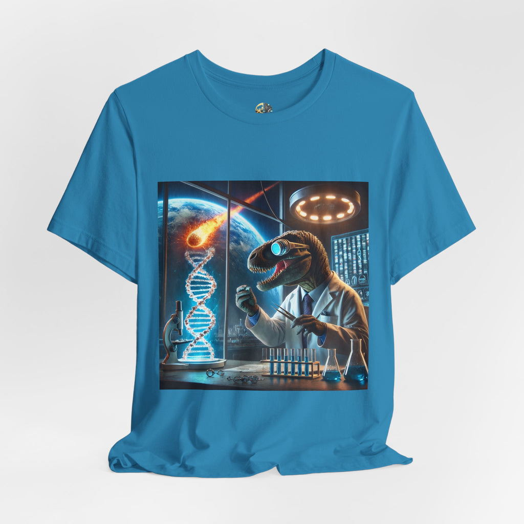 Aqua blue t-shirt featuring a dinosaur in a space lab conducting experiments, with Earth visible outside being hit by a meteor