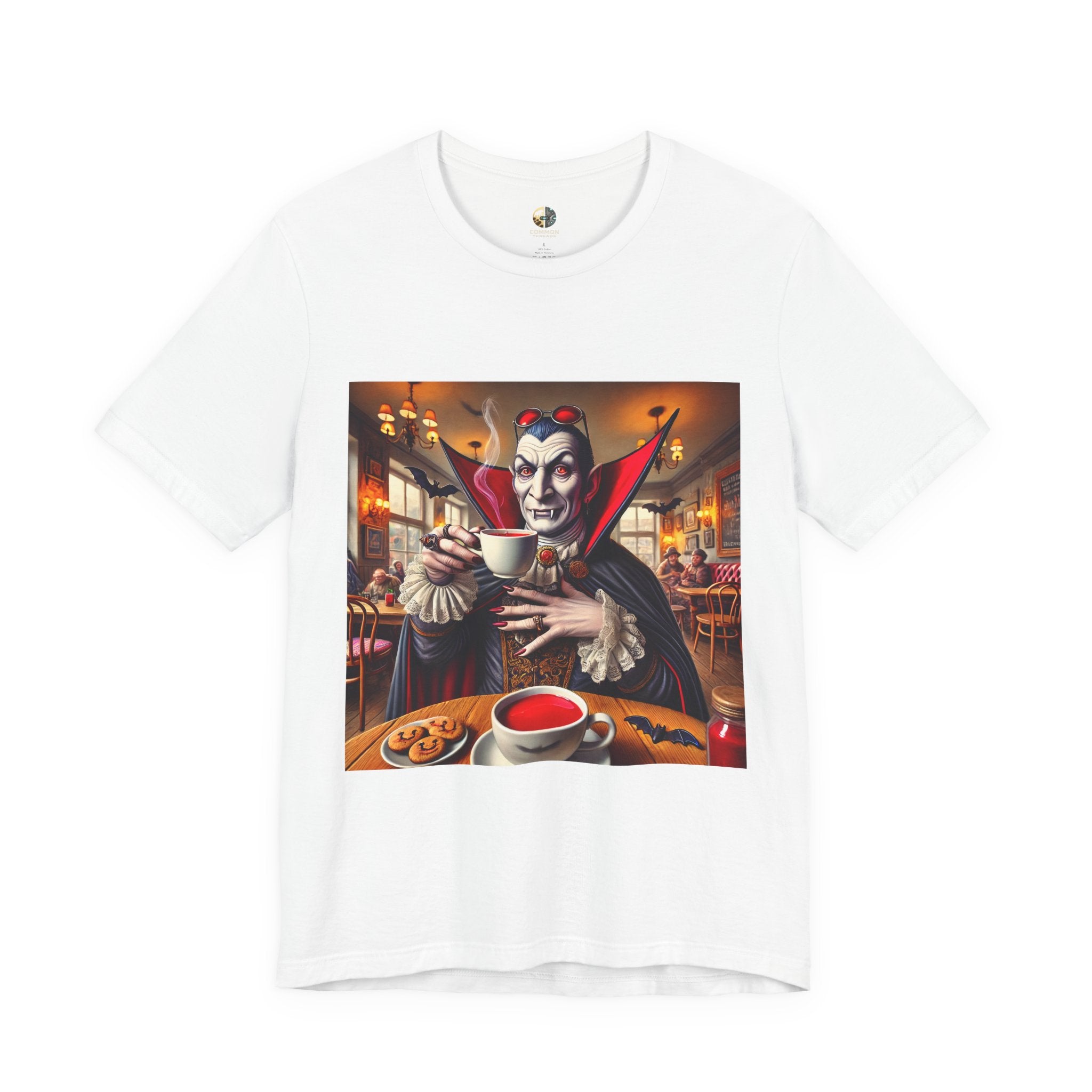 White T-shirt featuring a classic vampire dressed like Count Dracula sitting in a café, wearing red sunglasses and drinking from a teacup filled with red liquid