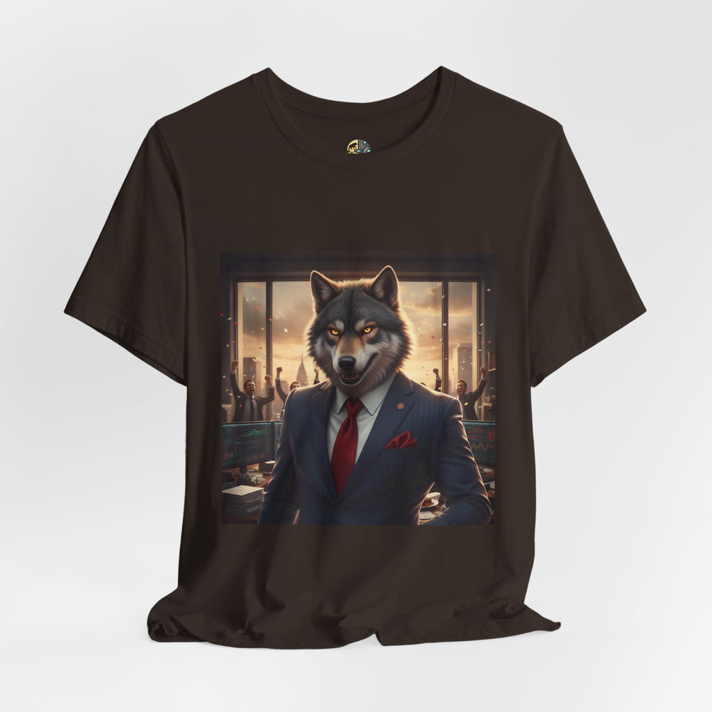 Brown T-shirt featuring a graphic of a wolf dressed as a stockbroker in a suit and red tie, standing in a high-rise office with celebrating traders in the background