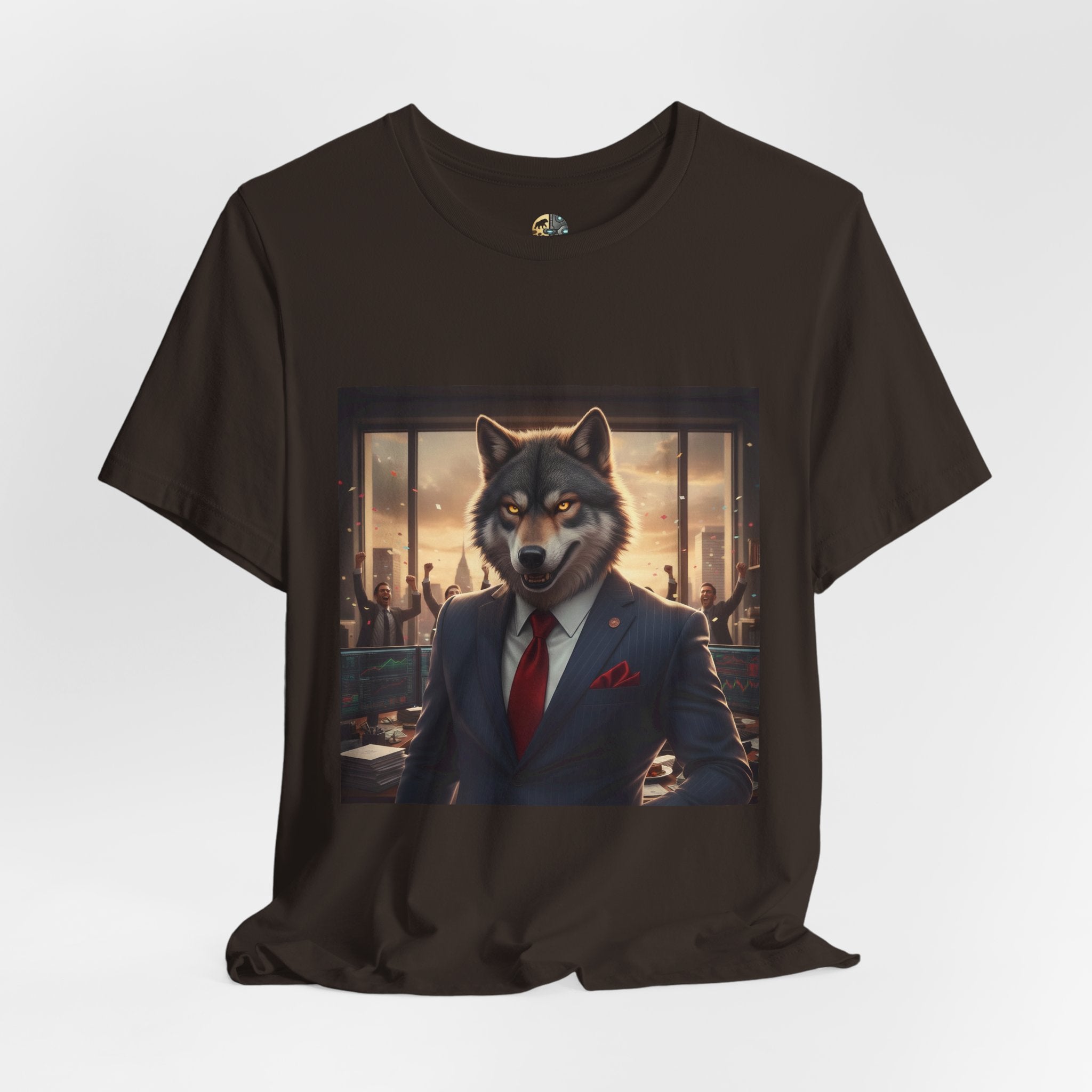 Brown T-shirt featuring a graphic of a wolf dressed as a stockbroker in a suit and red tie, standing in a high-rise office with celebrating traders in the background
