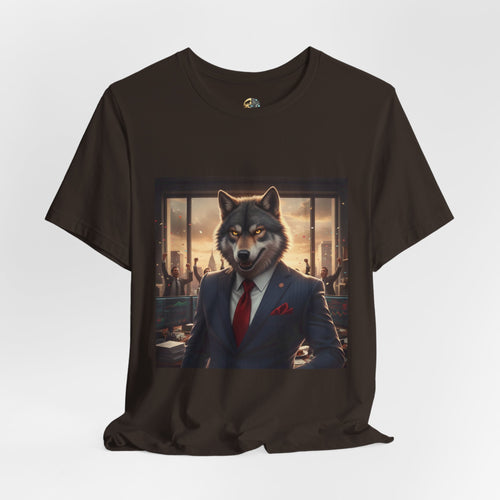 Brown T-shirt featuring a graphic of a wolf dressed as a stockbroker in a suit and red tie, standing in a high-rise office with celebrating traders in the background