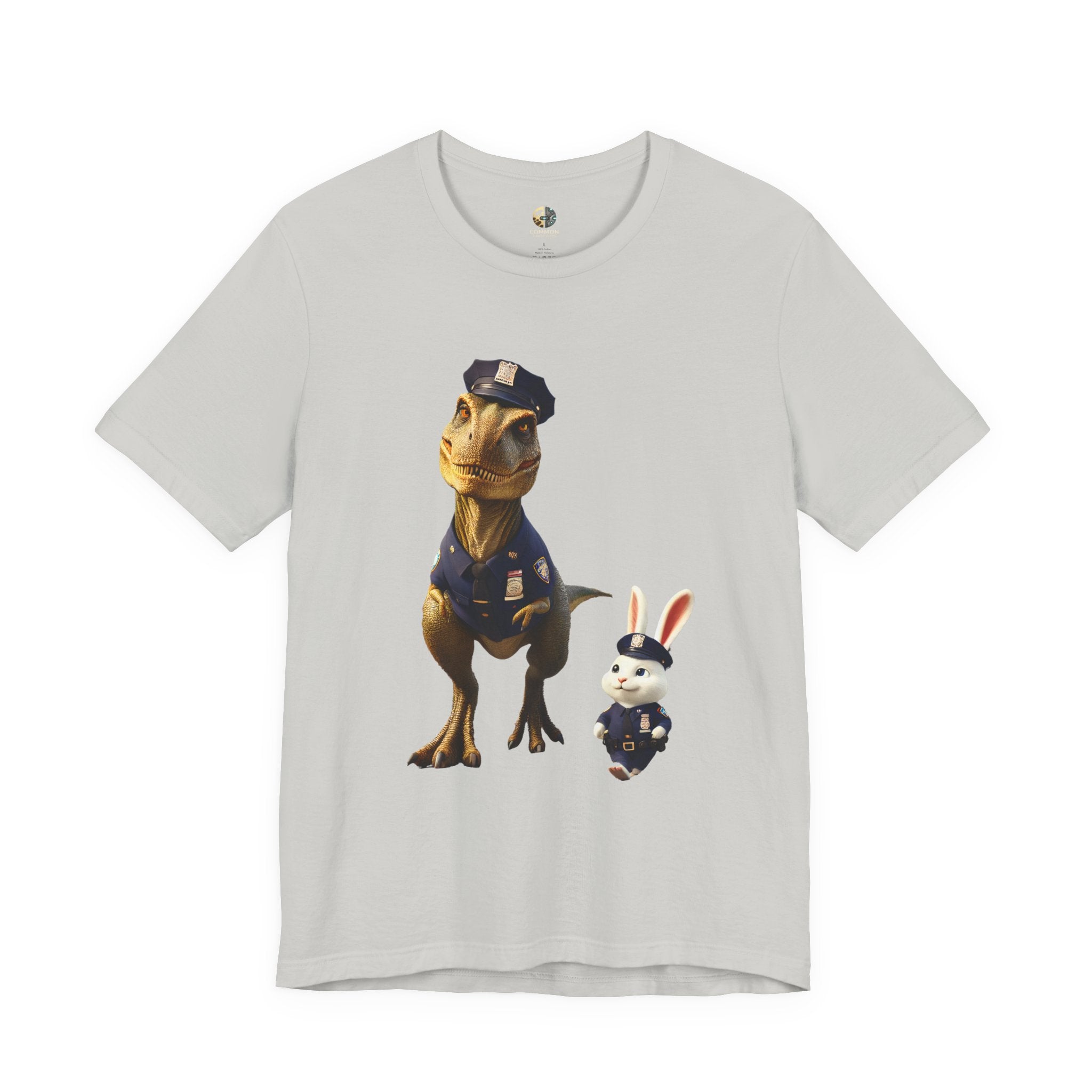 Silver T-shirt showing a T-Rex and a bunny dressed as police officers standing together