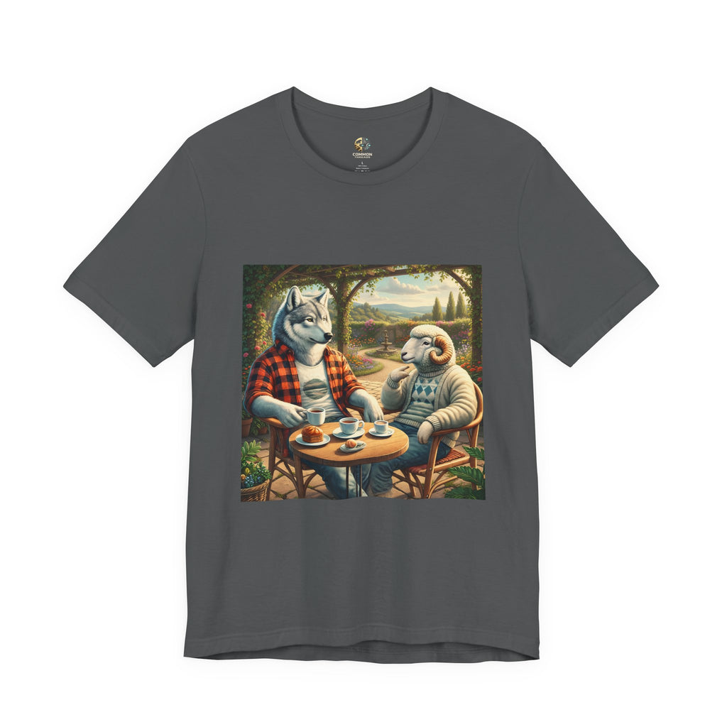 Asphalt grey color T-shirt featuring a graphic of a wolf in a flannel shirt and a ram in a patterned sweater sitting at a café table drinking coffee on a porch