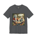 Asphalt grey color T-shirt featuring a graphic of a wolf in a flannel shirt and a ram in a patterned sweater sitting at a café table drinking coffee on a porch