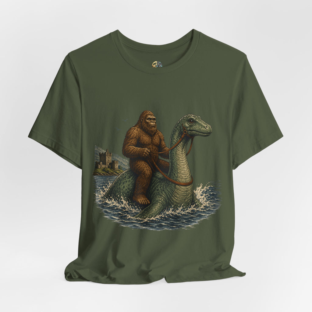 Military green t-shirt featuring bigfoot riding on the Loch Ness monster