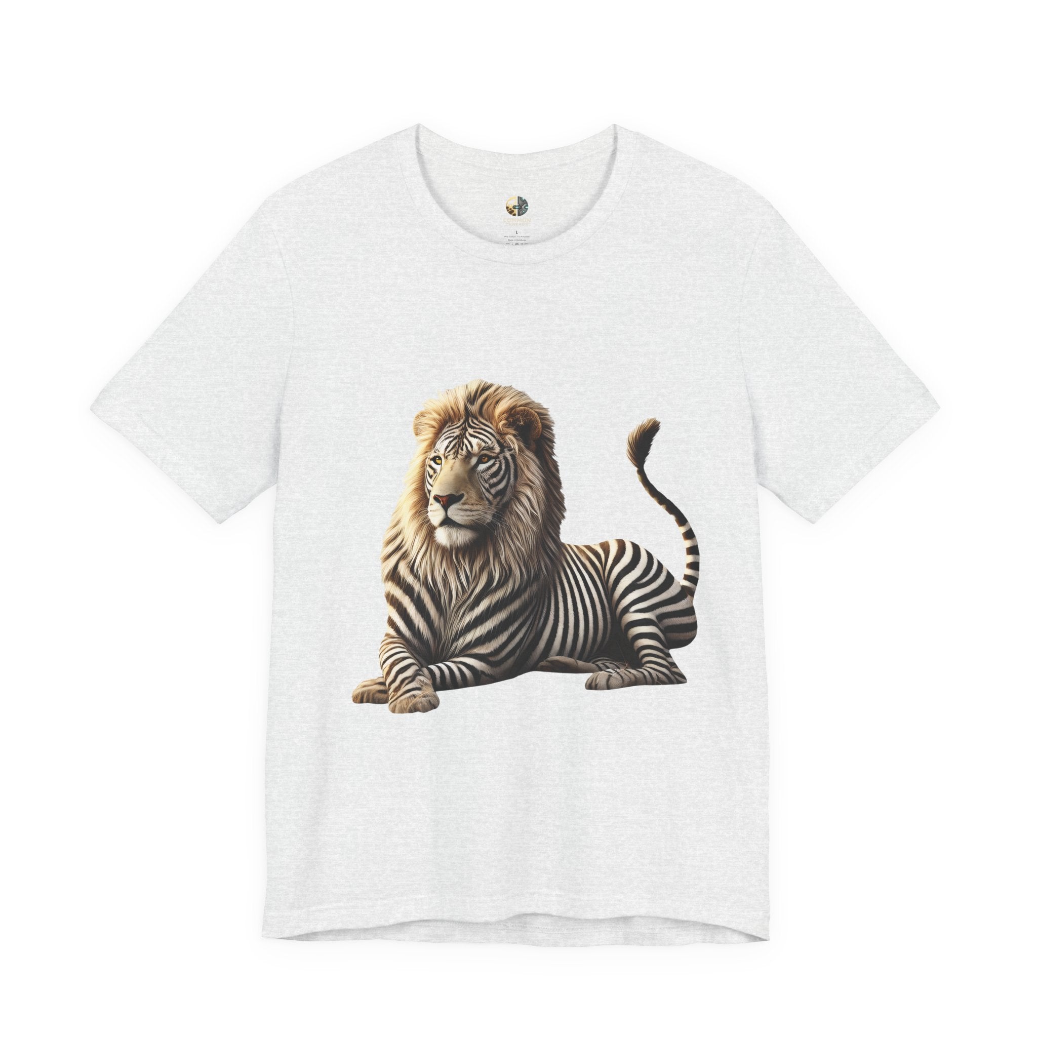 Ash color T-shirt with graphic of a lion with zebra stripes