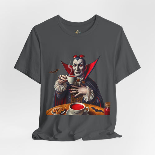 Asphalt grey T-shirt featuring a classic vampire dressed like Count Dracula sitting at a table, wearing red sunglasses and drinking from a teacup filled with red liquid