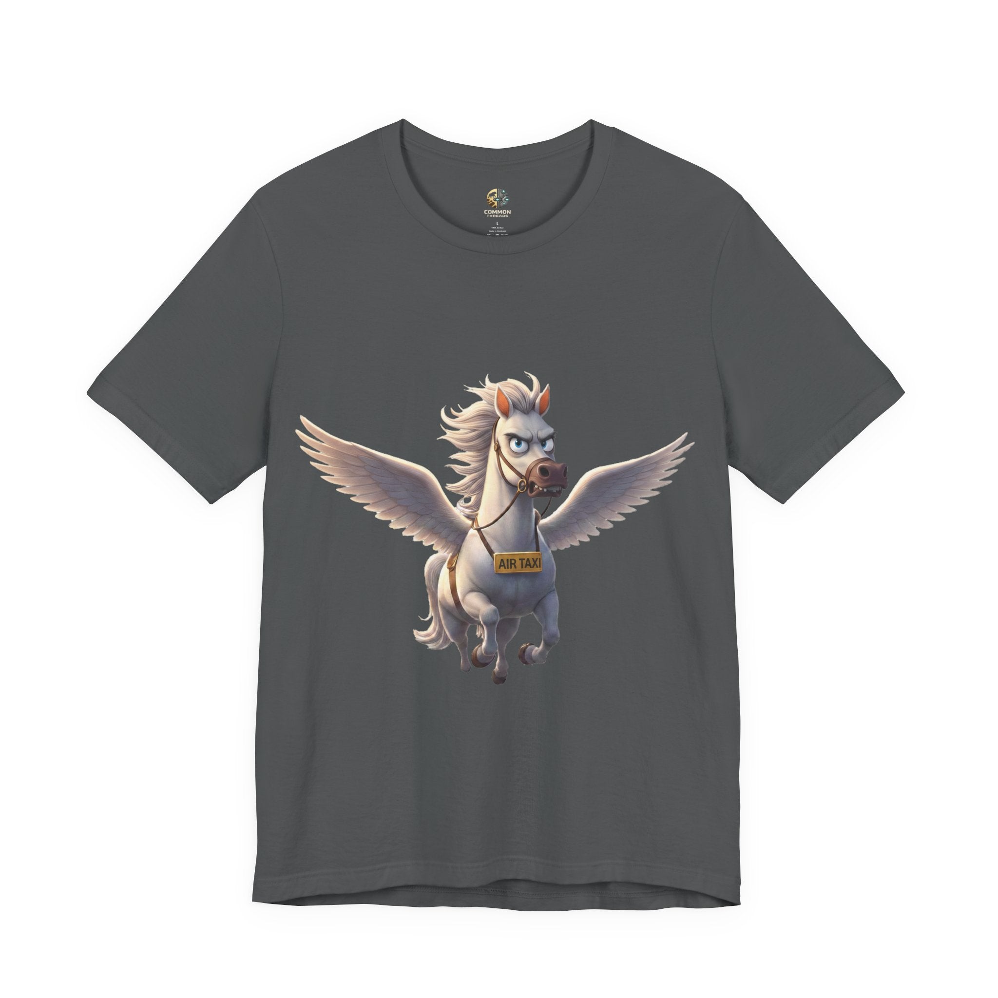 Asphalt grey t-shirt featuring a cartoon pegasus wearing a sign that reads “Air Taxi”