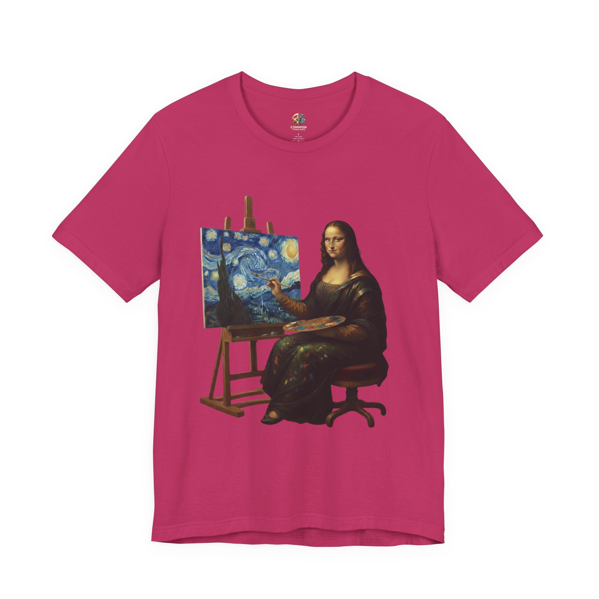 Berry color t-shirt with a graphic of the Mona Lisa painting ‘The Starry Night’