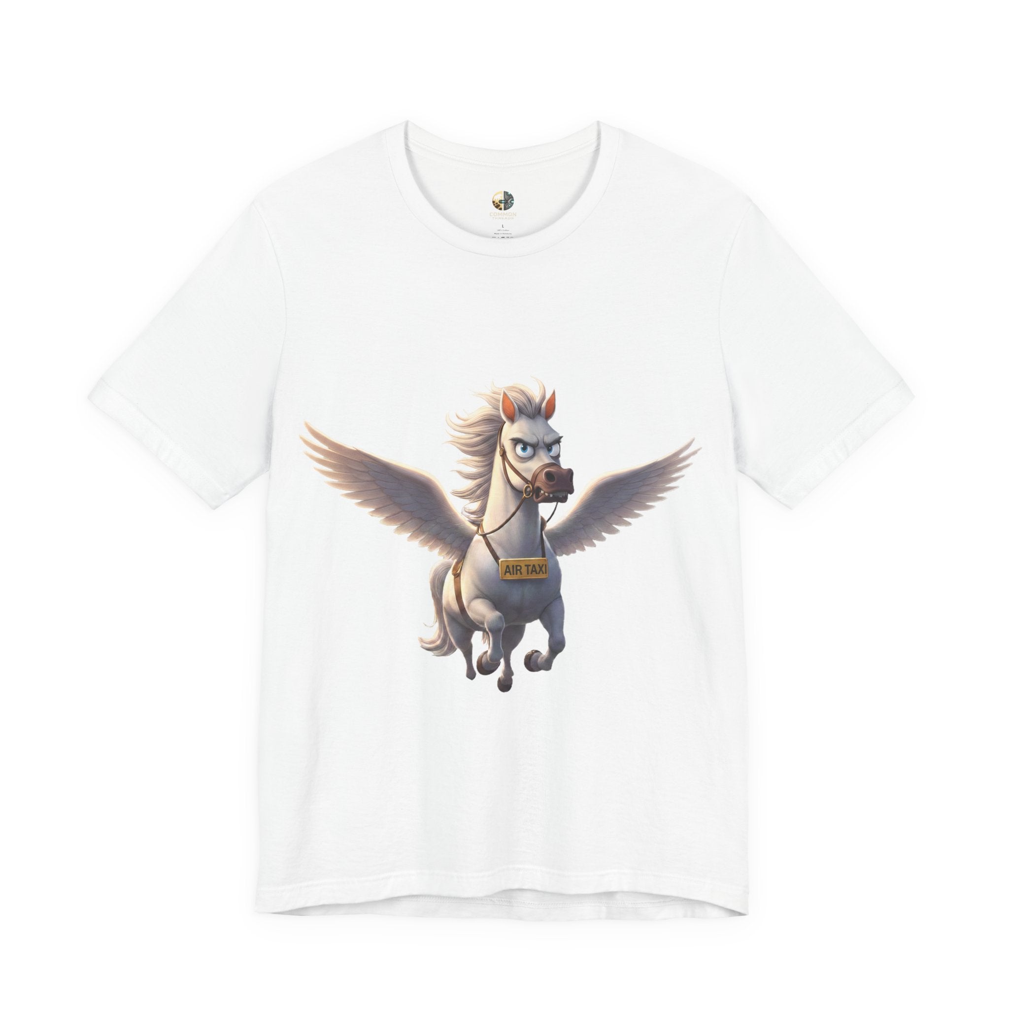 White t-shirt featuring a cartoon pegasus wearing a sign that reads “Air Taxi”