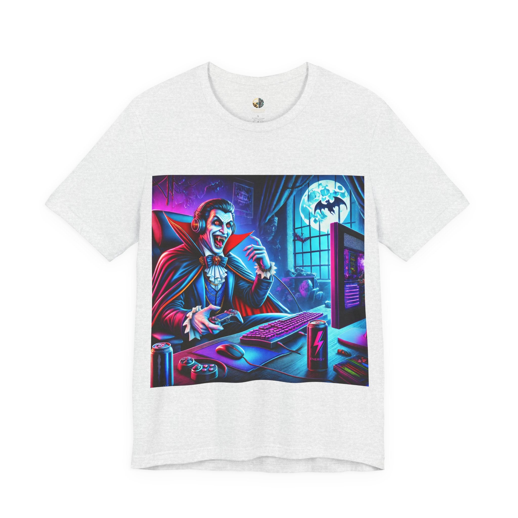 Ash color t-shirt of a vampire playing video games in night time