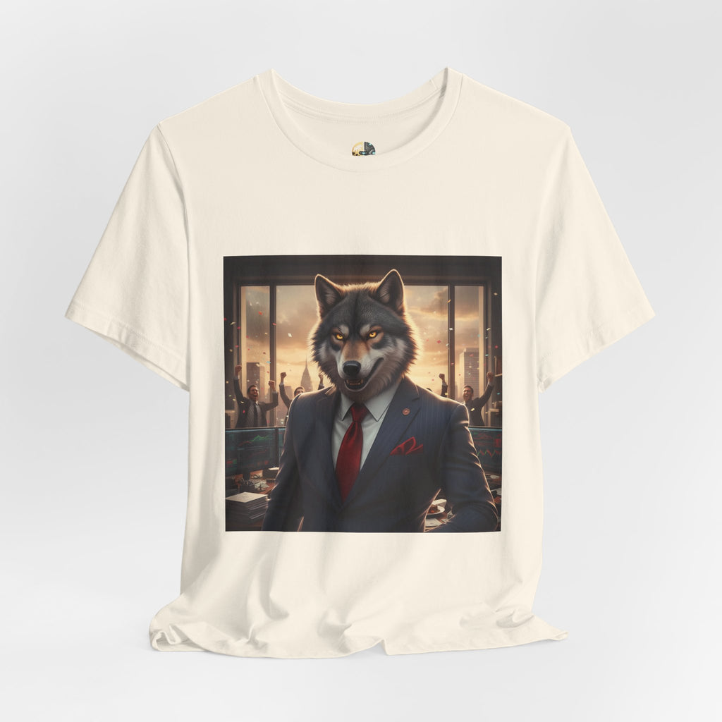 Natural color T-shirt featuring a graphic of a wolf dressed as a stockbroker in a suit and red tie, standing in a high-rise office with celebrating traders in the background