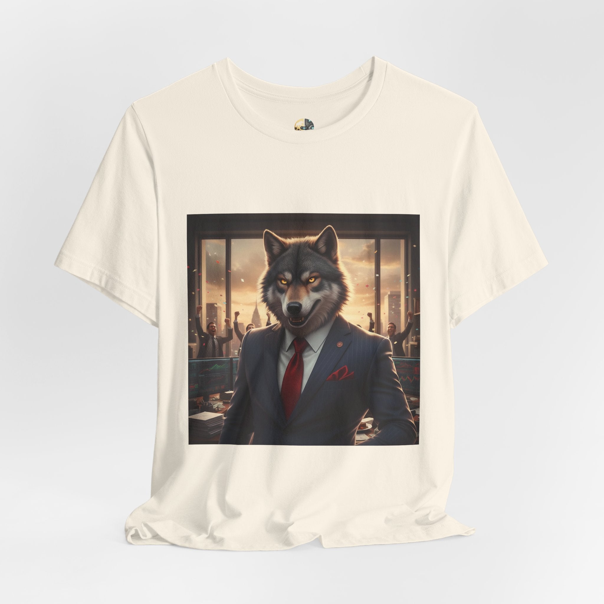 Natural color T-shirt featuring a graphic of a wolf dressed as a stockbroker in a suit and red tie, standing in a high-rise office with celebrating traders in the background