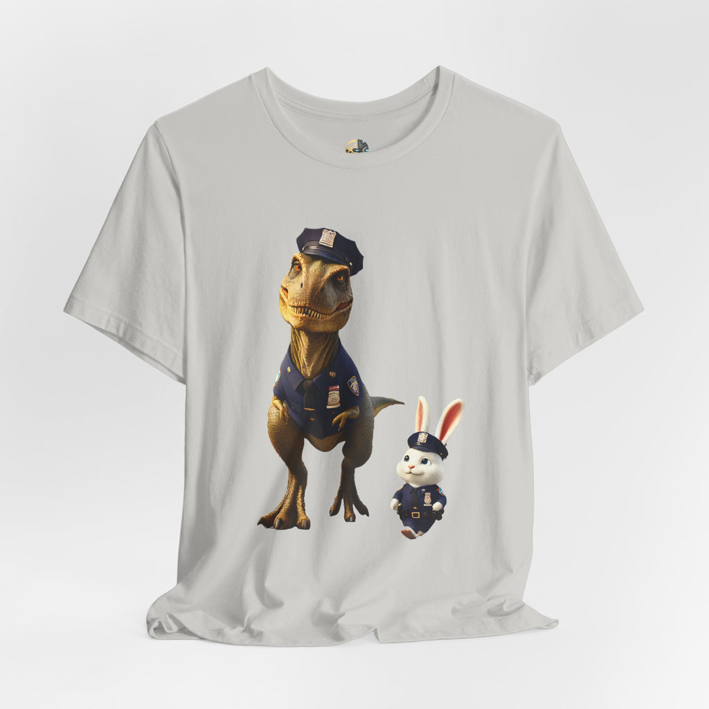 Silver T-shirt showing a T-Rex and a bunny dressed as police officers standing together