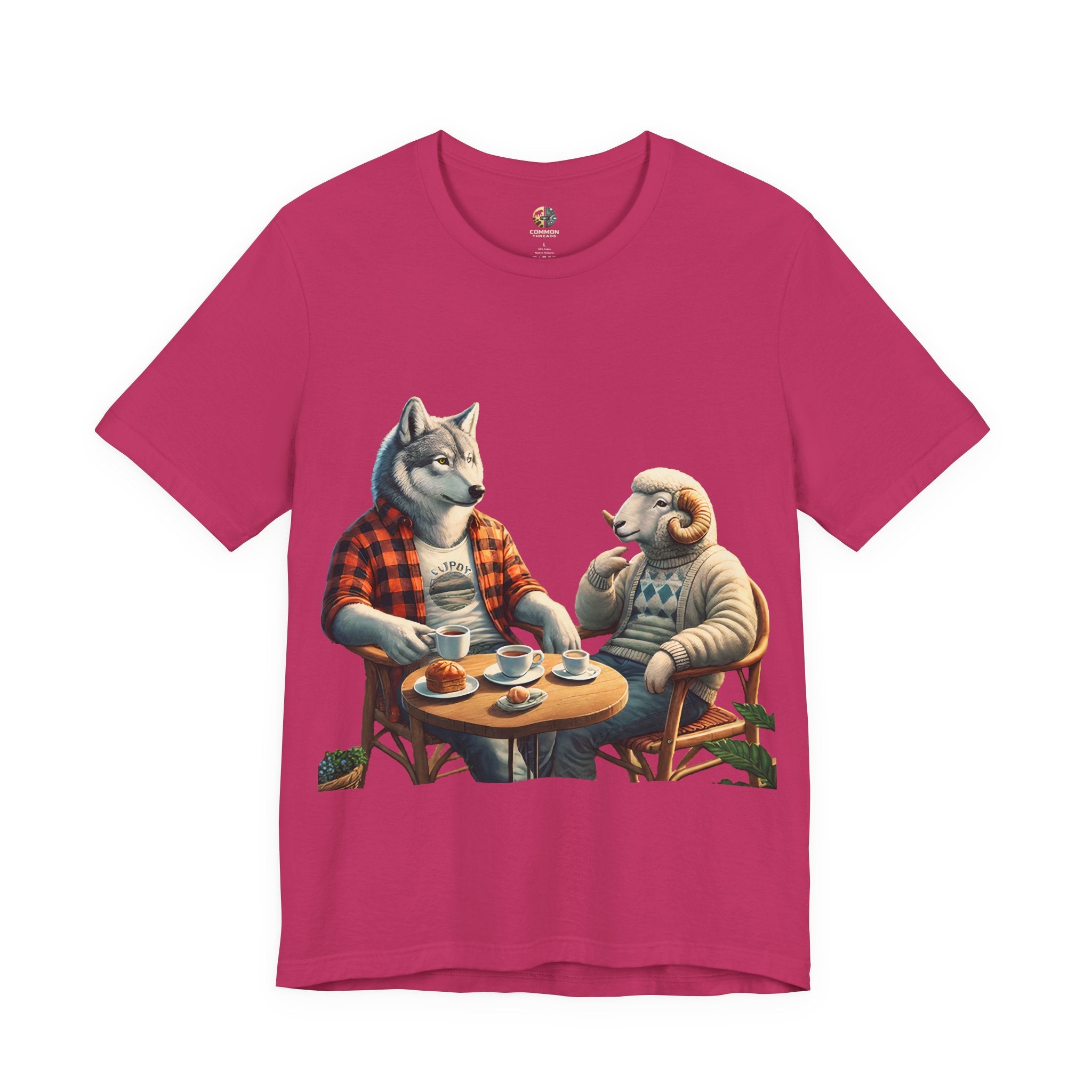 Berry color T-shirt featuring an anthropomorphic wolf in a flannel shirt and a ram in a patterned sweater sitting at a café table with coffee