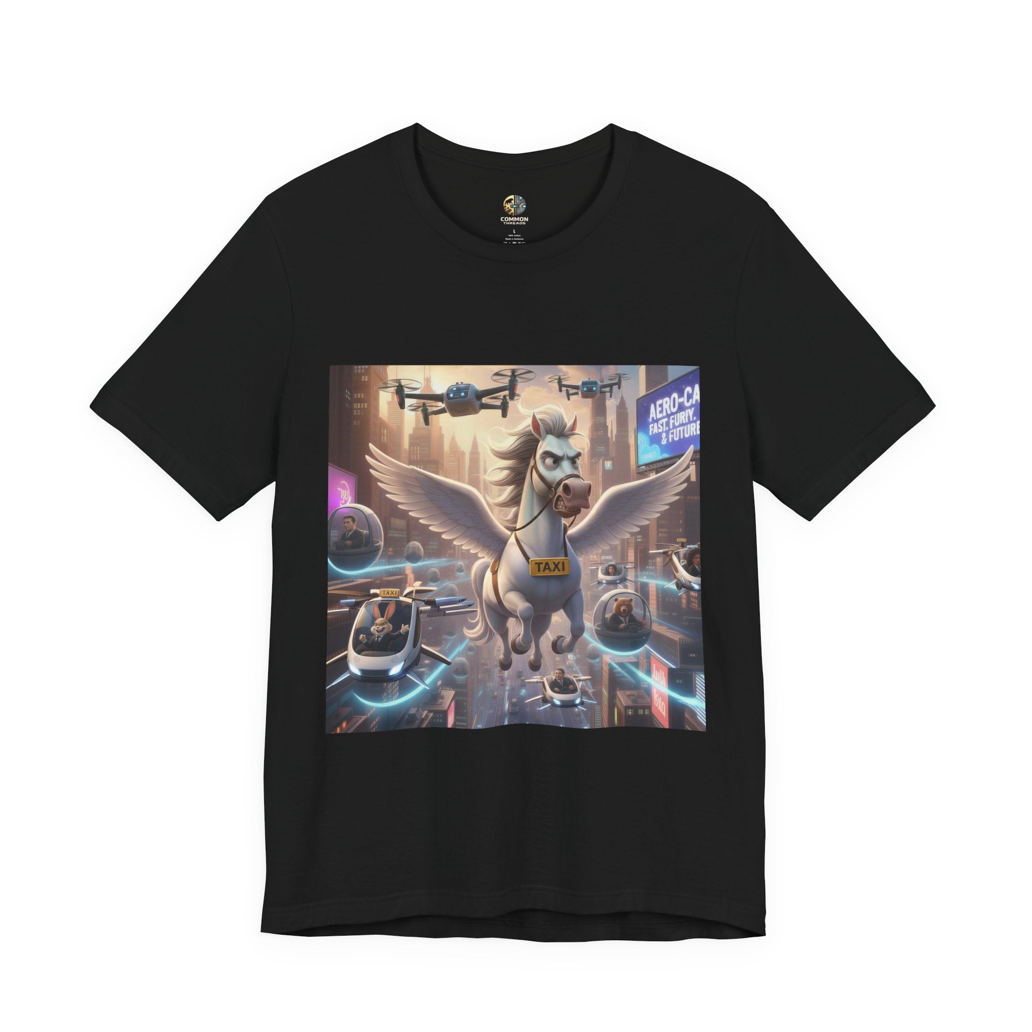 Black t-shirt featuring a winged horse in a futuristic cityscape, with a sky full of airborne vehicles