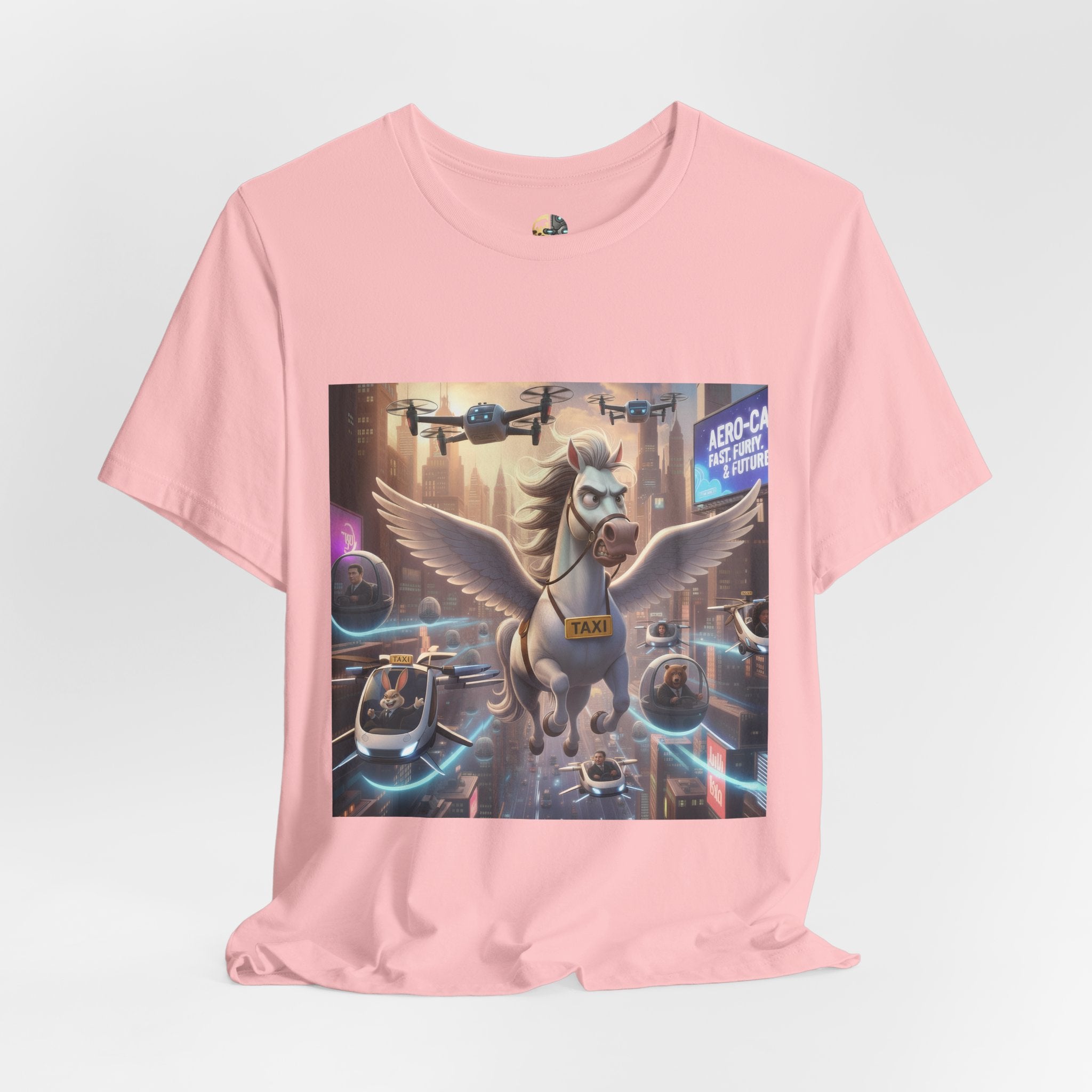 Pink t-shirt featuring a winged horse in a futuristic cityscape, with a sky full of airborne vehicles