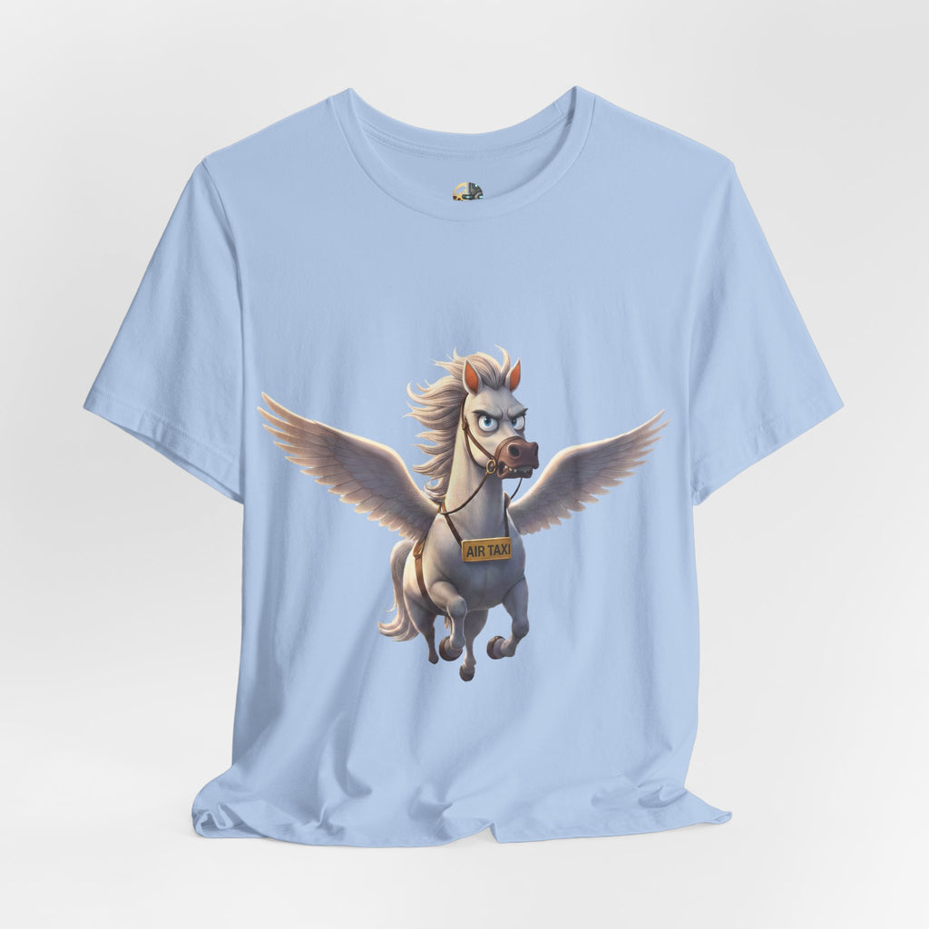 Baby blue t-shirt featuring a cartoon pegasus wearing a sign that reads “Air Taxi”