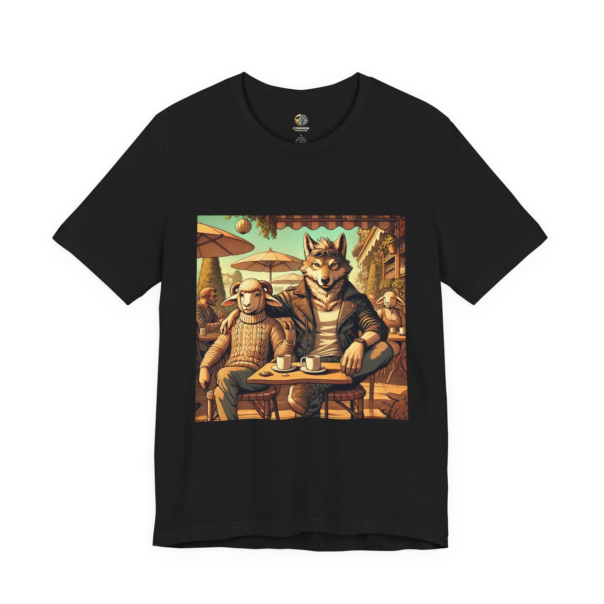 Black T-shirt featuring an anthropomorphic wolf and lamb seated at a café table in warm, painterly style