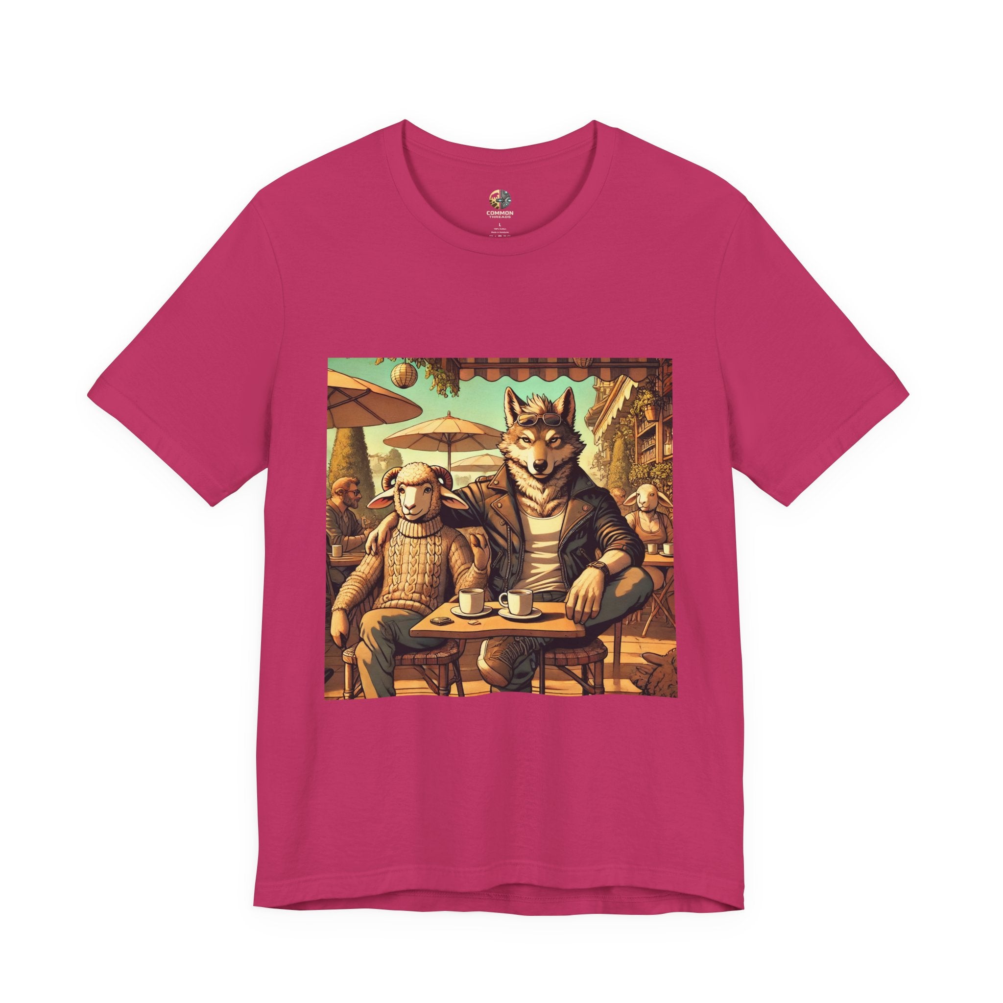 Berry color T-shirt featuring an anthropomorphic wolf and lamb seated at a café table in warm, painterly style