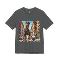 Asphalt grey T-shirt showing a T-Rex and a bunny dressed as police officers standing together on a crosswalk in a New York–style urban setting