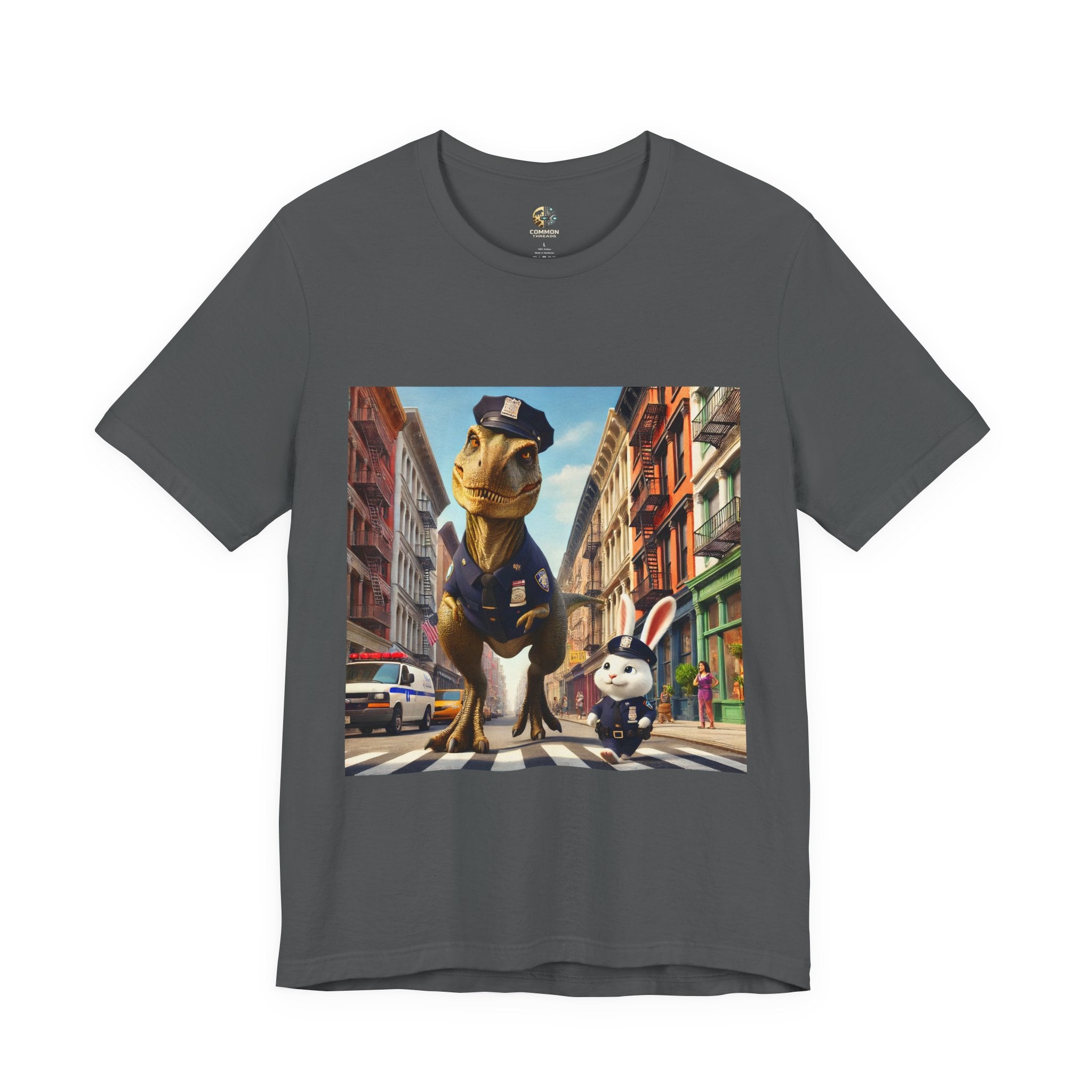 Asphalt grey T-shirt showing a T-Rex and a bunny dressed as police officers standing together on a crosswalk in a New York–style urban setting