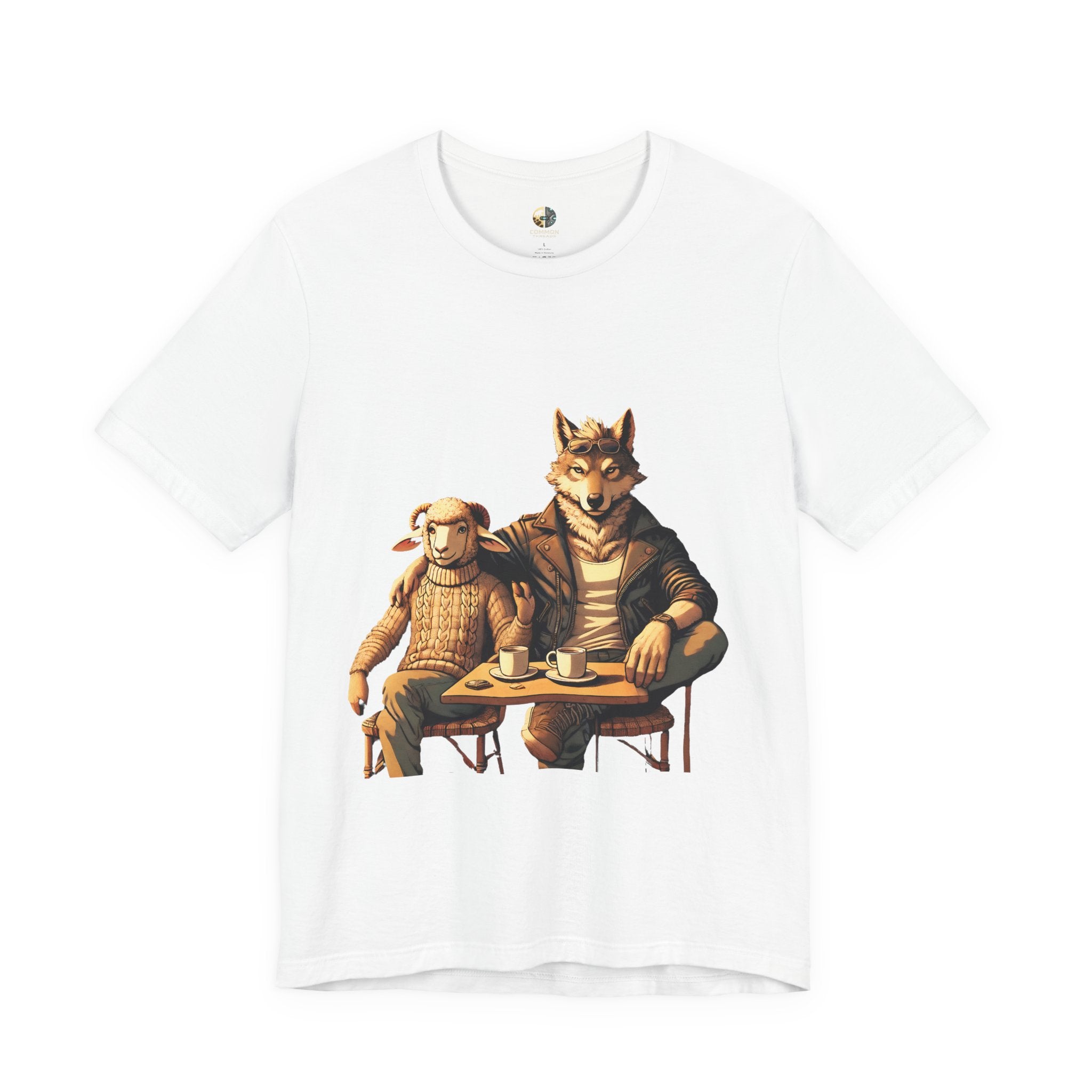 White T-shirt featuring an anthropomorphic wolf and lamb seated at a café table with coffee cups, illustrated in warm, painterly tones