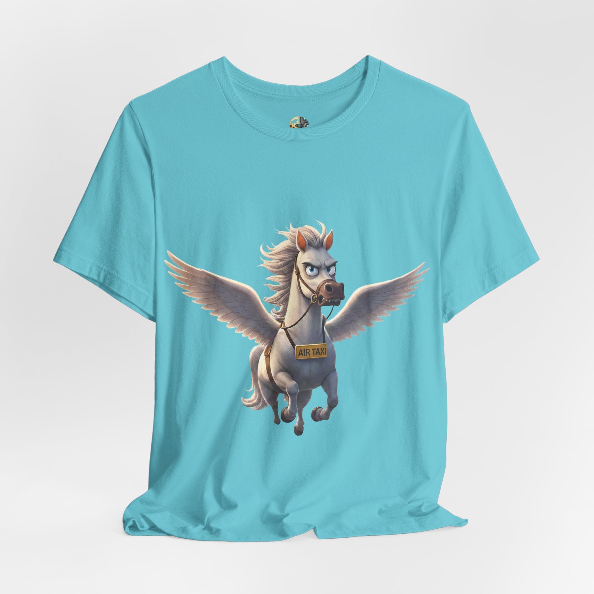 Teal t-shirt featuring a cartoon pegasus wearing a sign that reads “Air Taxi”