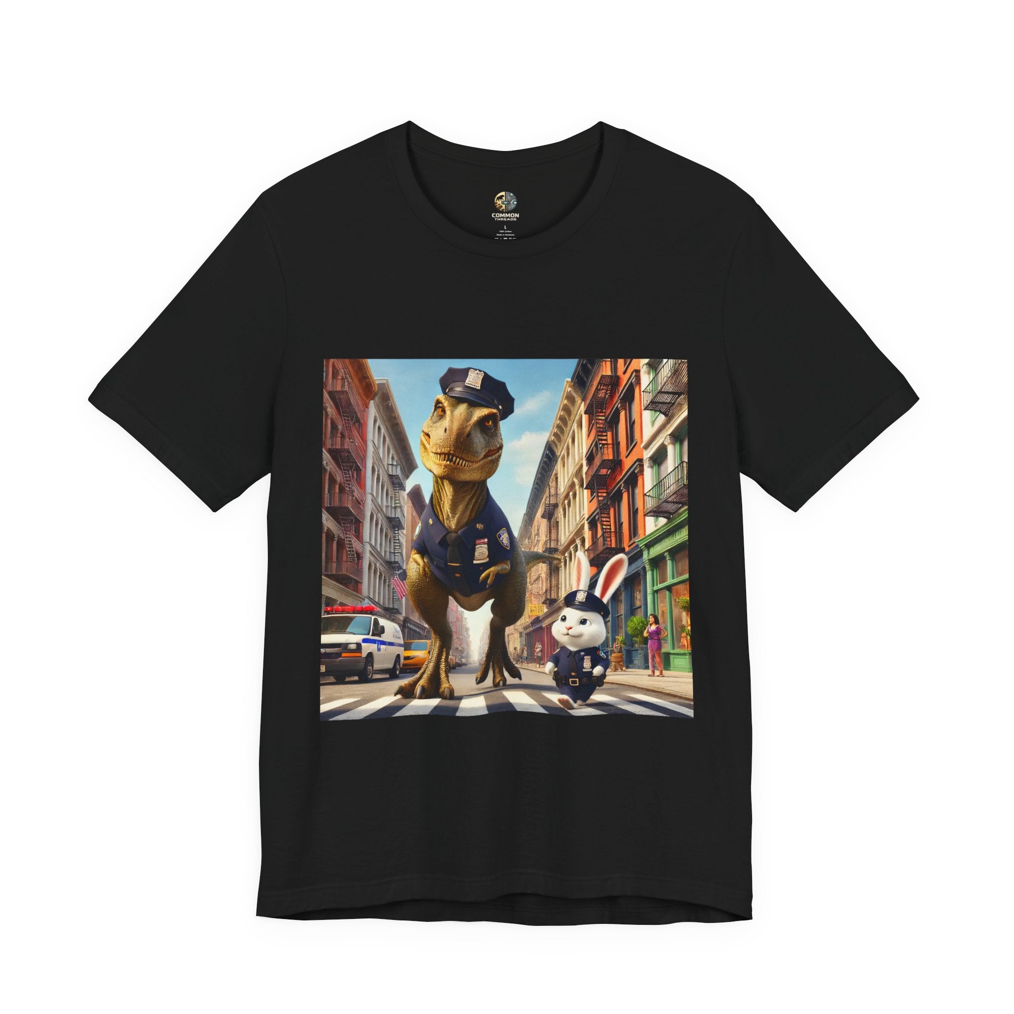 Black T-shirt showing a T-Rex and a bunny dressed as police officers standing together on a crosswalk in a New York–style urban setting
