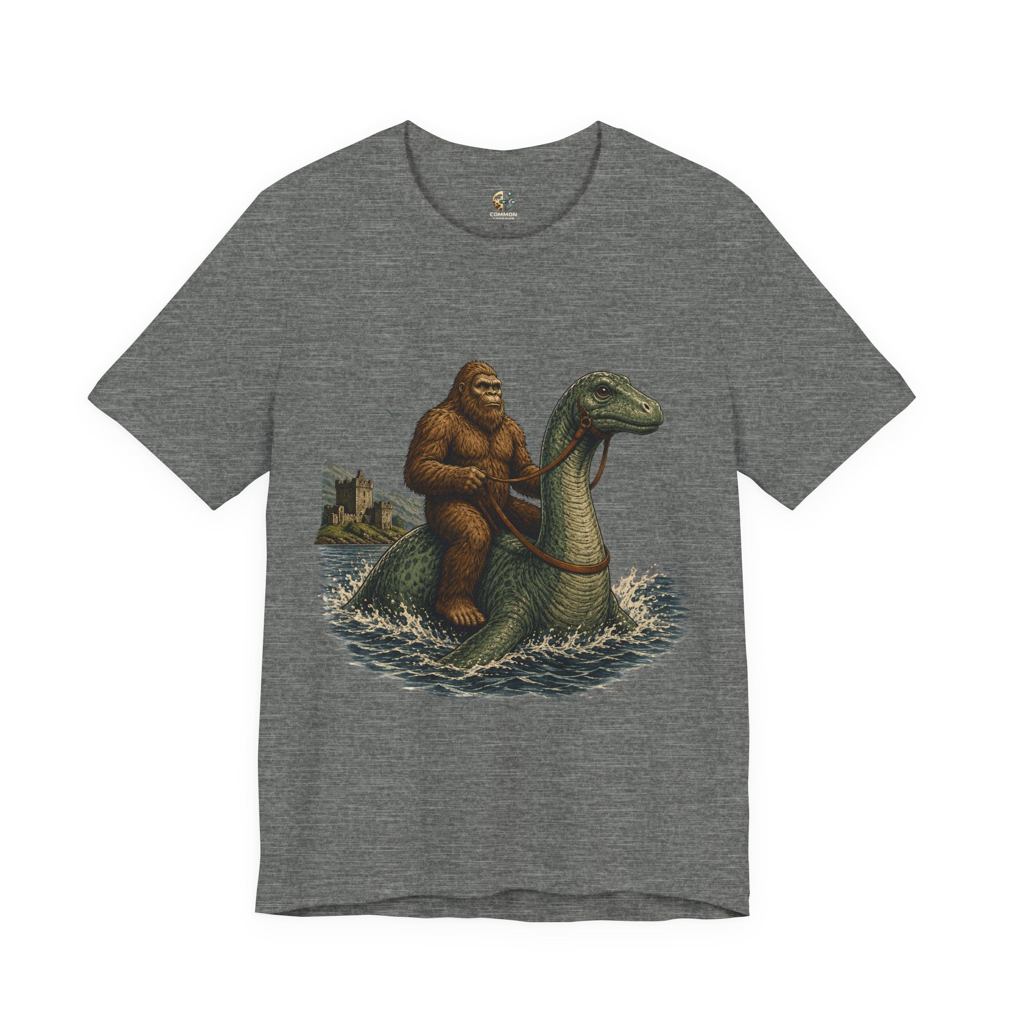Deep heather t-shirt featuring bigfoot riding on the Loch Ness monster