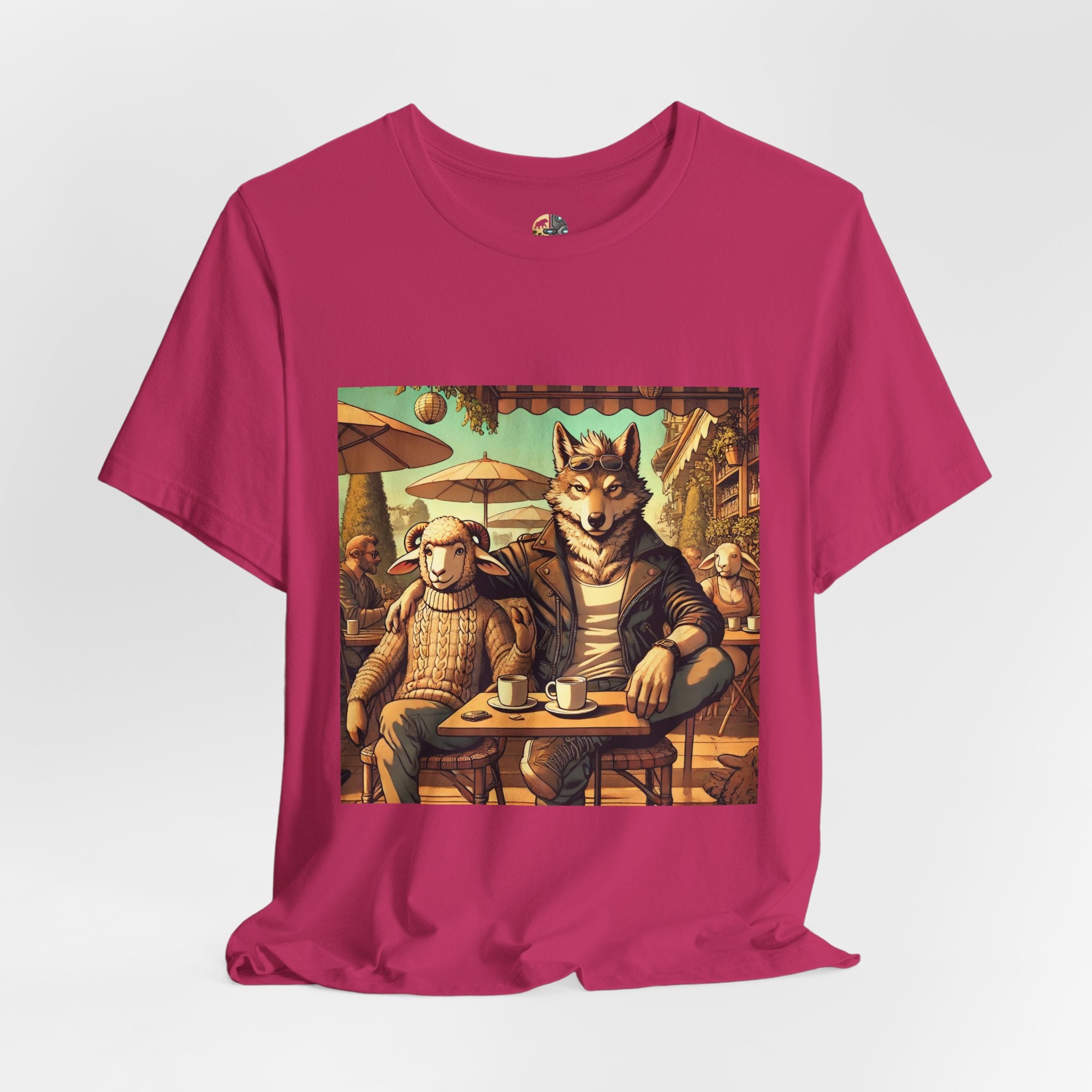 Berry color T-shirt featuring an anthropomorphic wolf and lamb seated at a café table in warm, painterly style